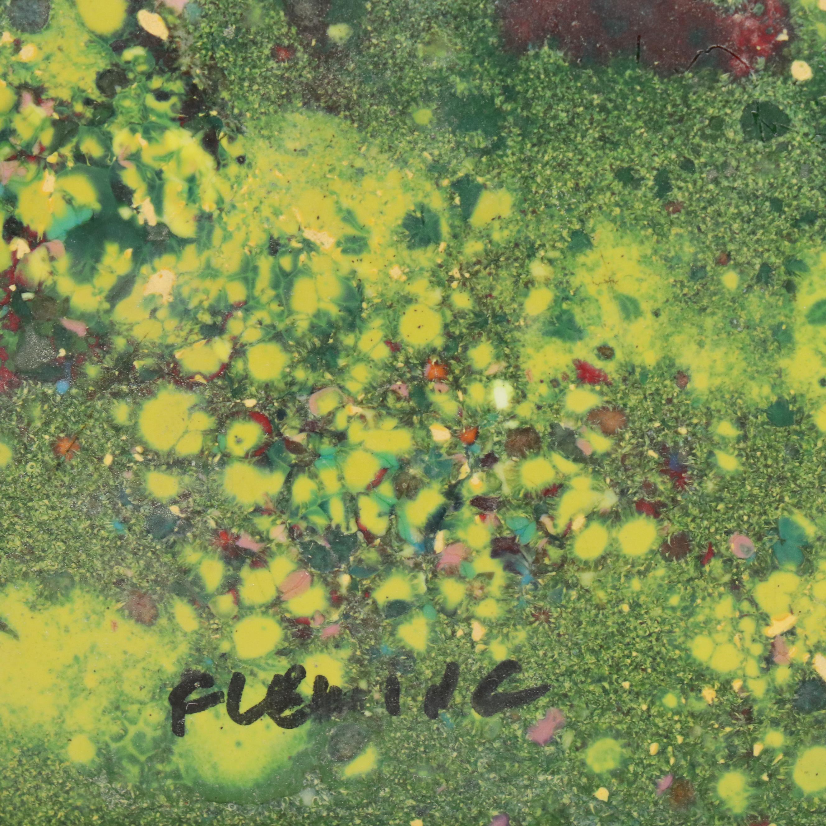 Fleming Enamel on Copper of Kneeling Girl with Flower in Landscape