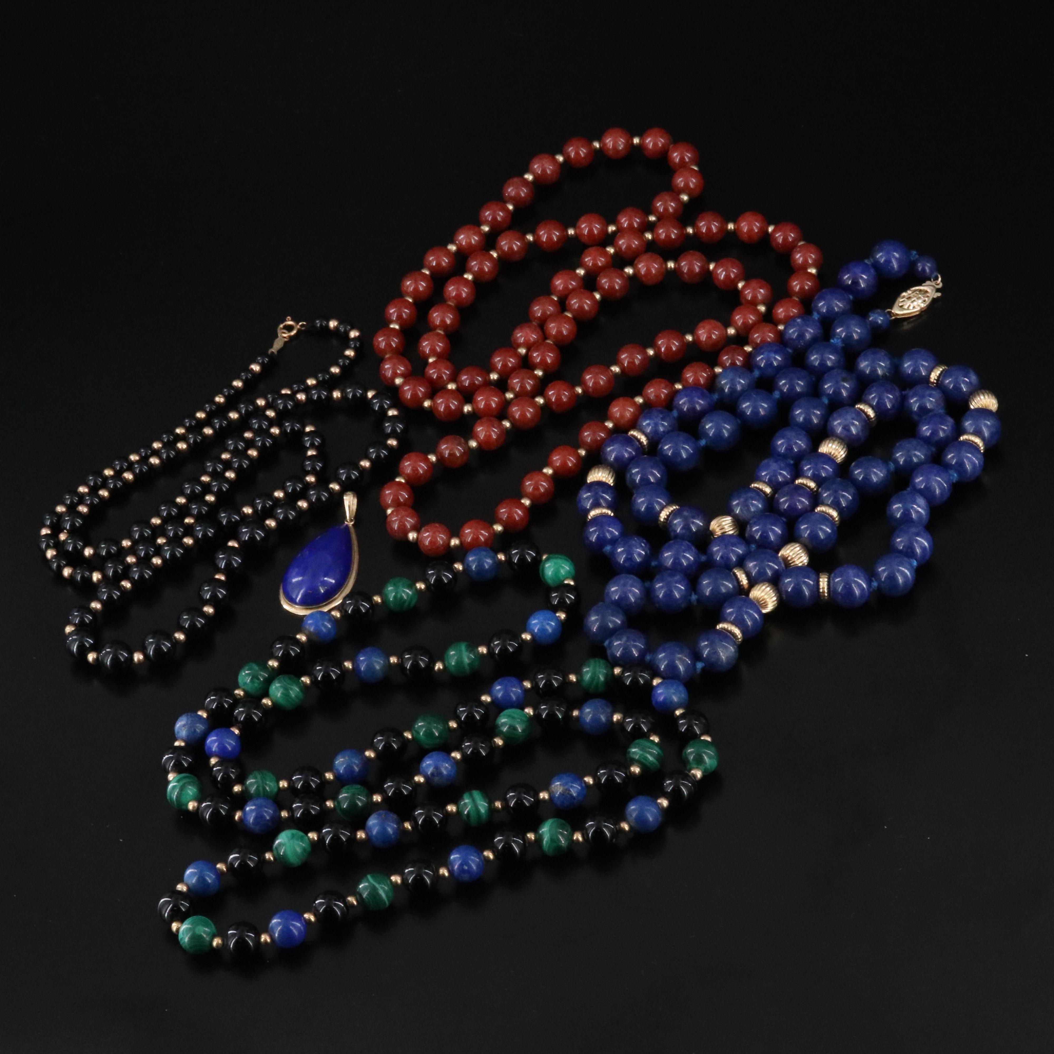 14K Black Onyx, Lapis Lazuli, Malachite and Quartzite Necklaces and Pendant