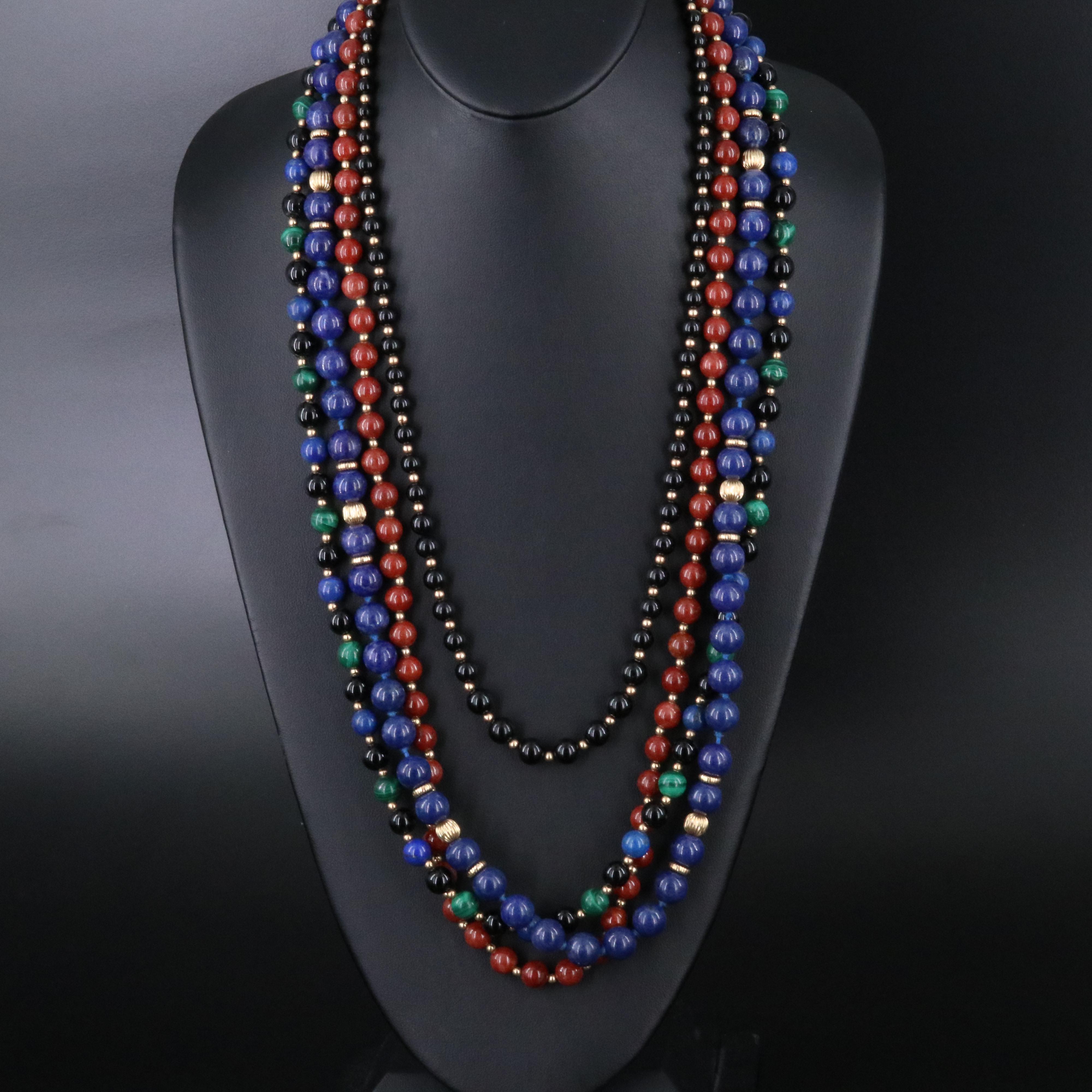 14K Black Onyx, Lapis Lazuli, Malachite and Quartzite Necklaces and Pendant