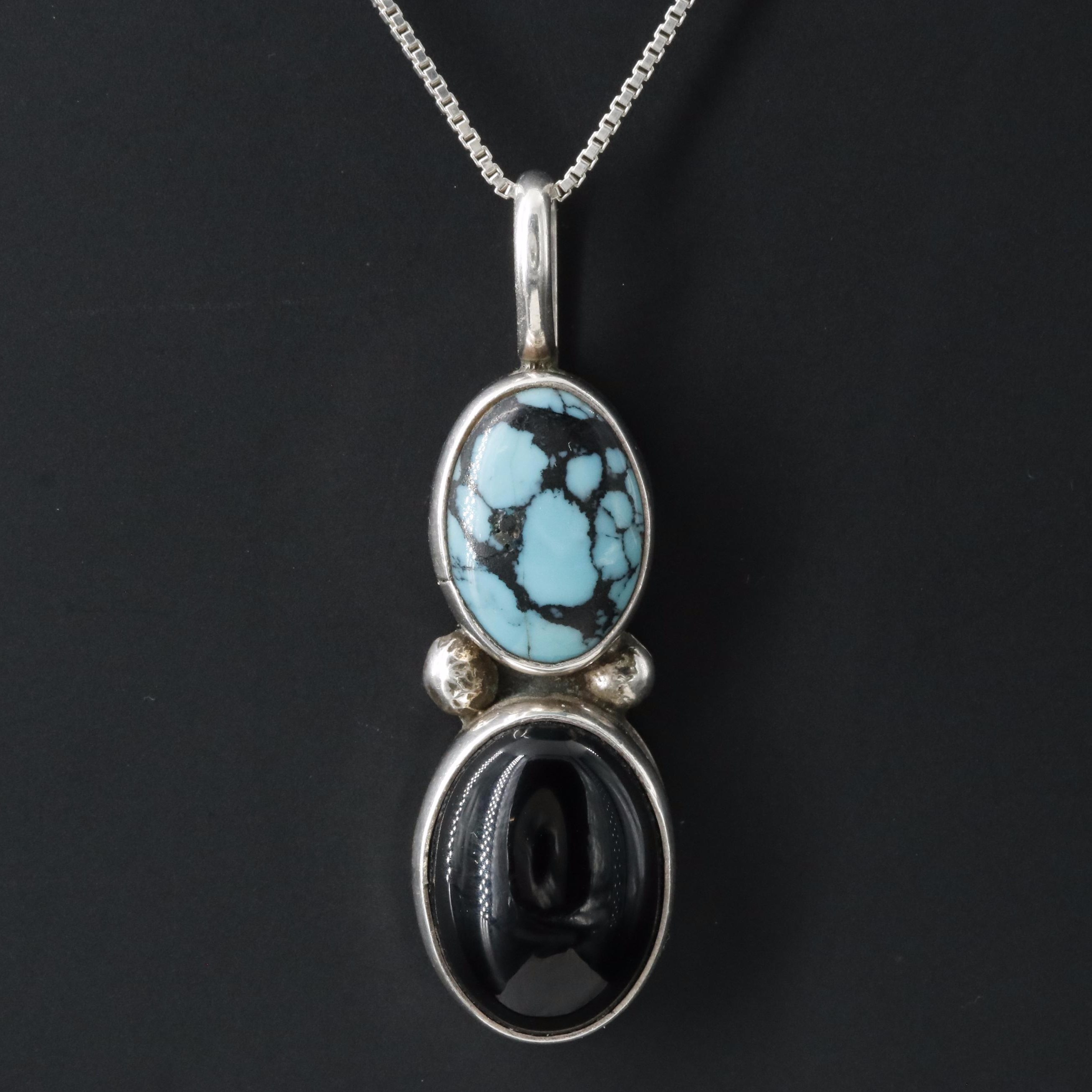 Randy Secatero Navajo Diné Sterling Turquoise and Black Onyx Pendant Necklace