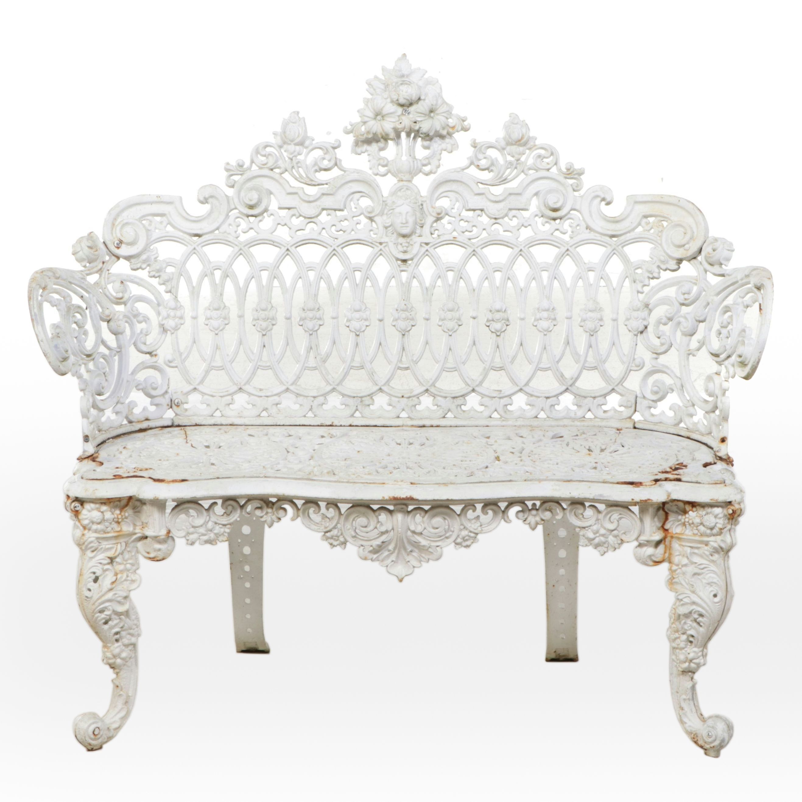 Baroque Style White Painted Cast Iron Garden Bench, 20th Century