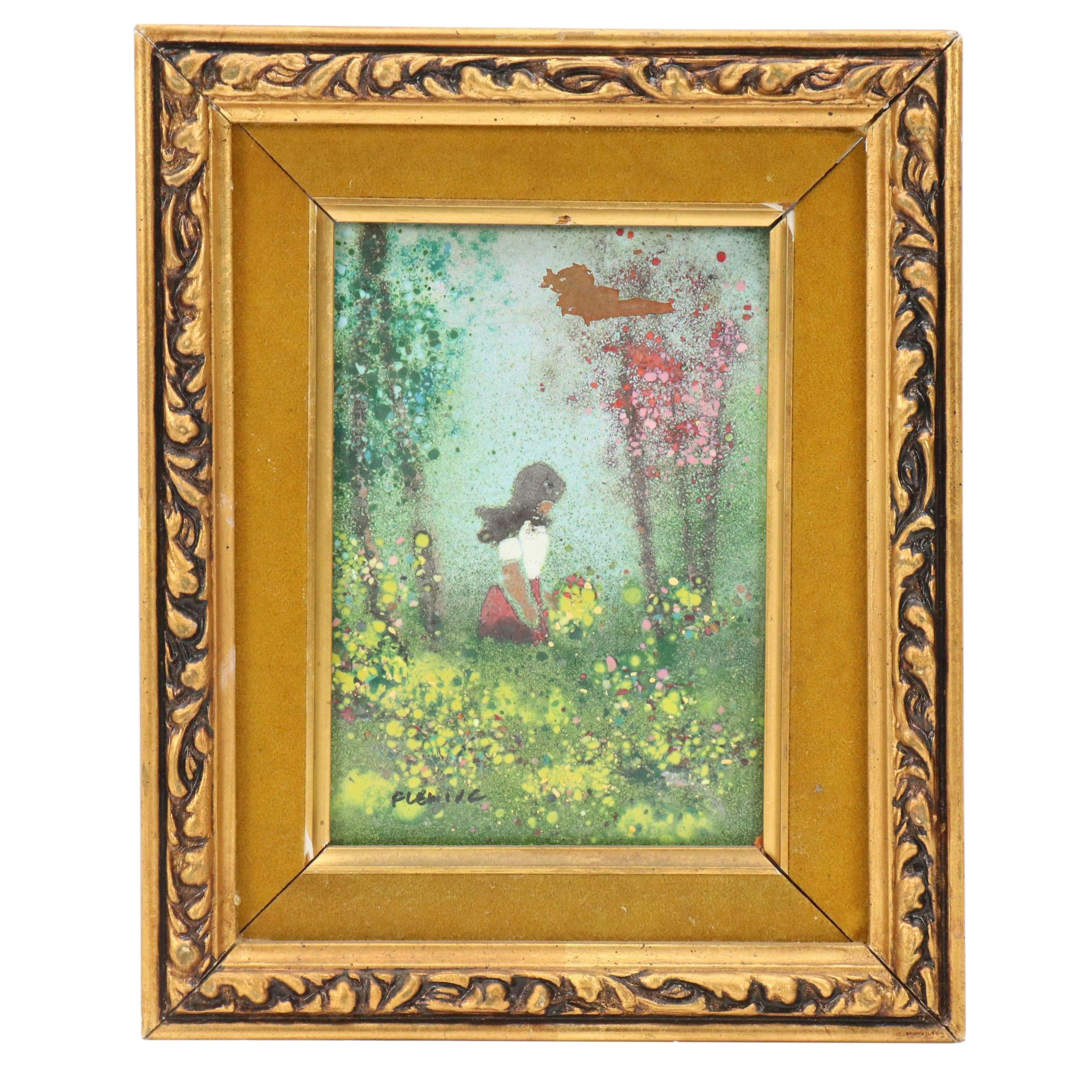 Fleming Enamel on Copper of Kneeling Girl with Flower in Landscape