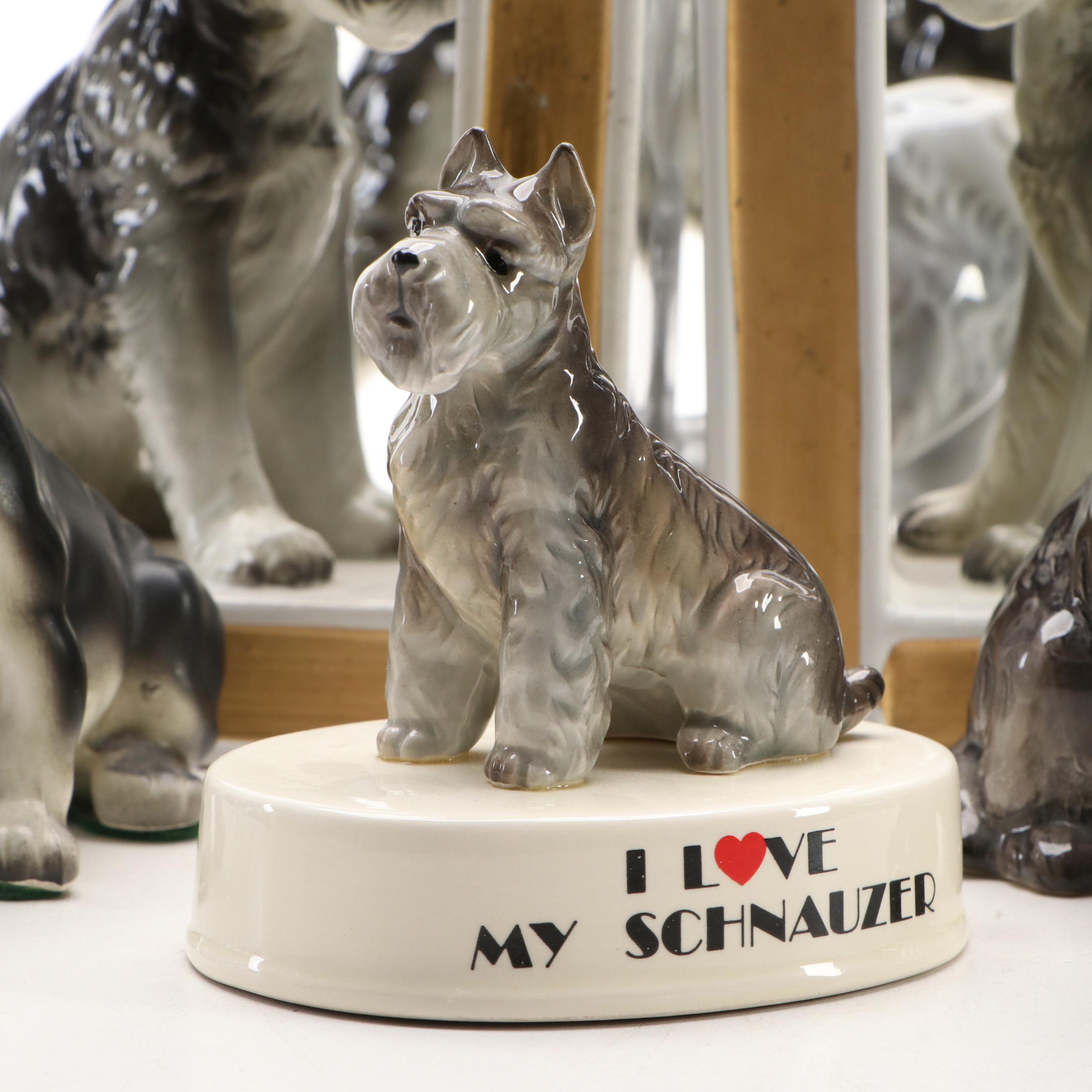 Schnauzer Dog Ceramic Bookends and Figurines, 20th C.