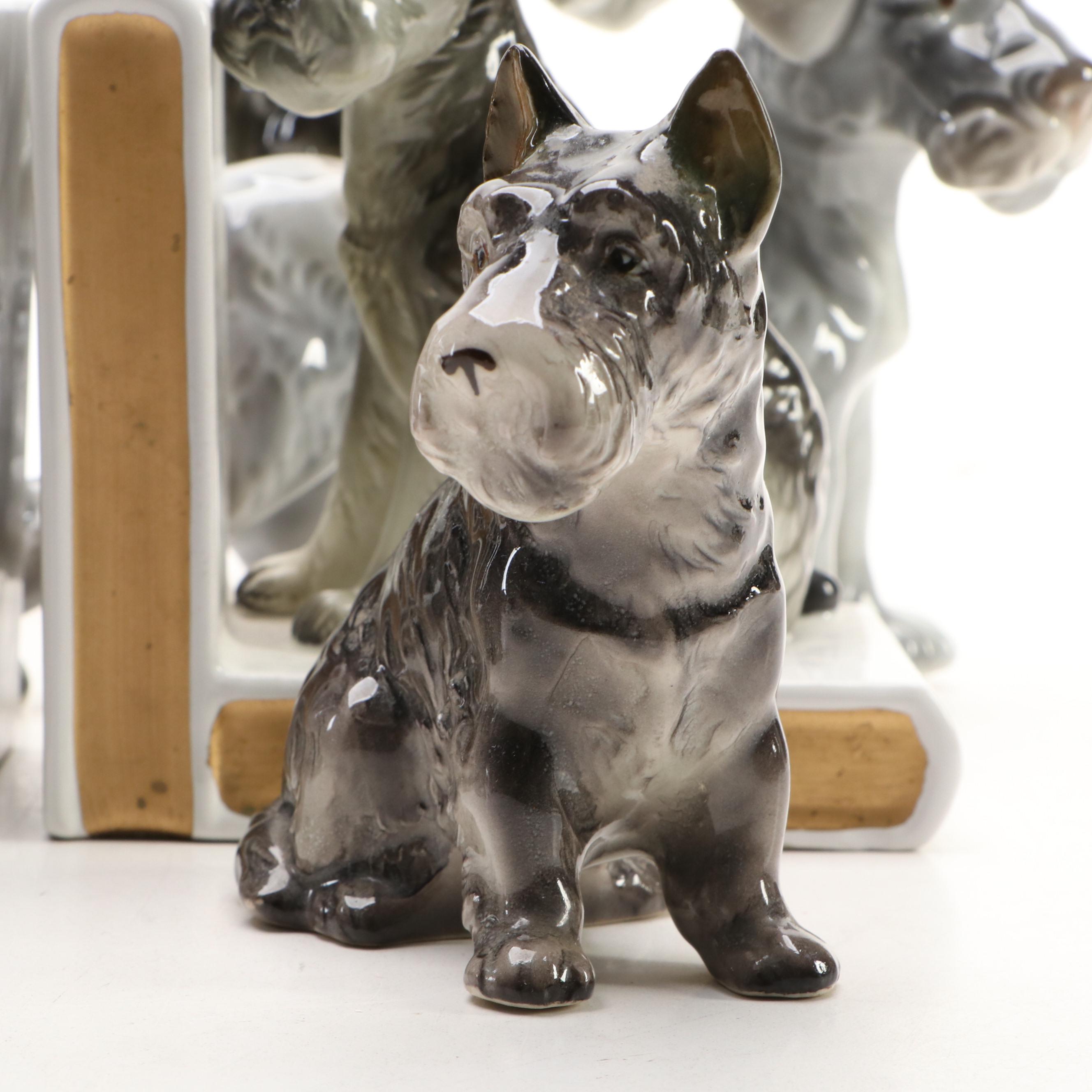 Schnauzer Dog Ceramic Bookends and Figurines, 20th C.
