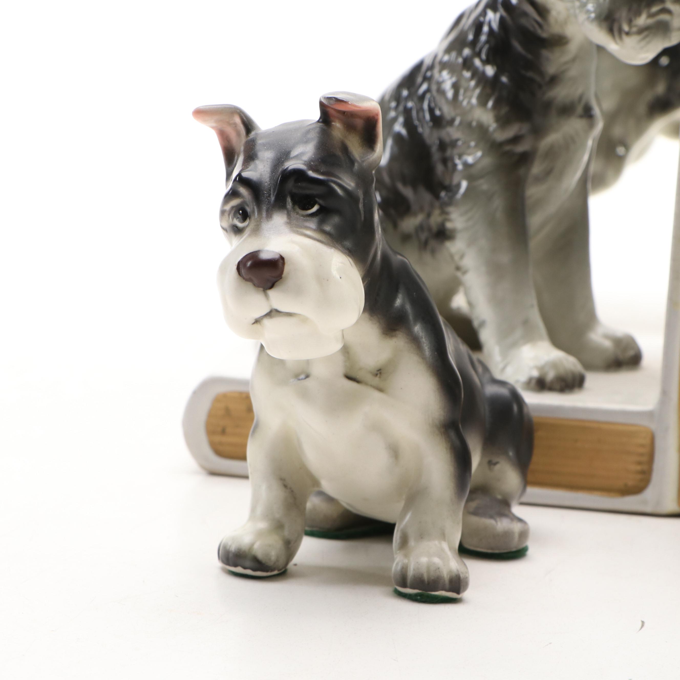 Schnauzer Dog Ceramic Bookends and Figurines, 20th C.