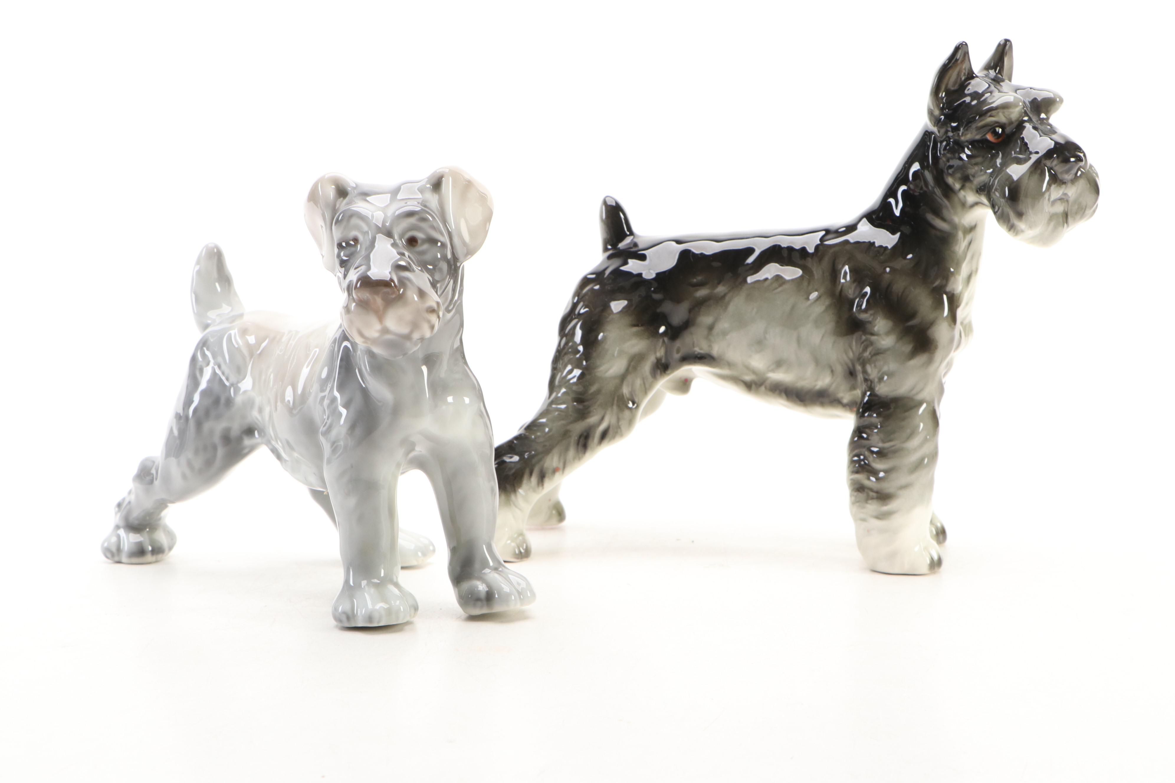 Schnauzer Dog Ceramic Bookends and Figurines, 20th C.