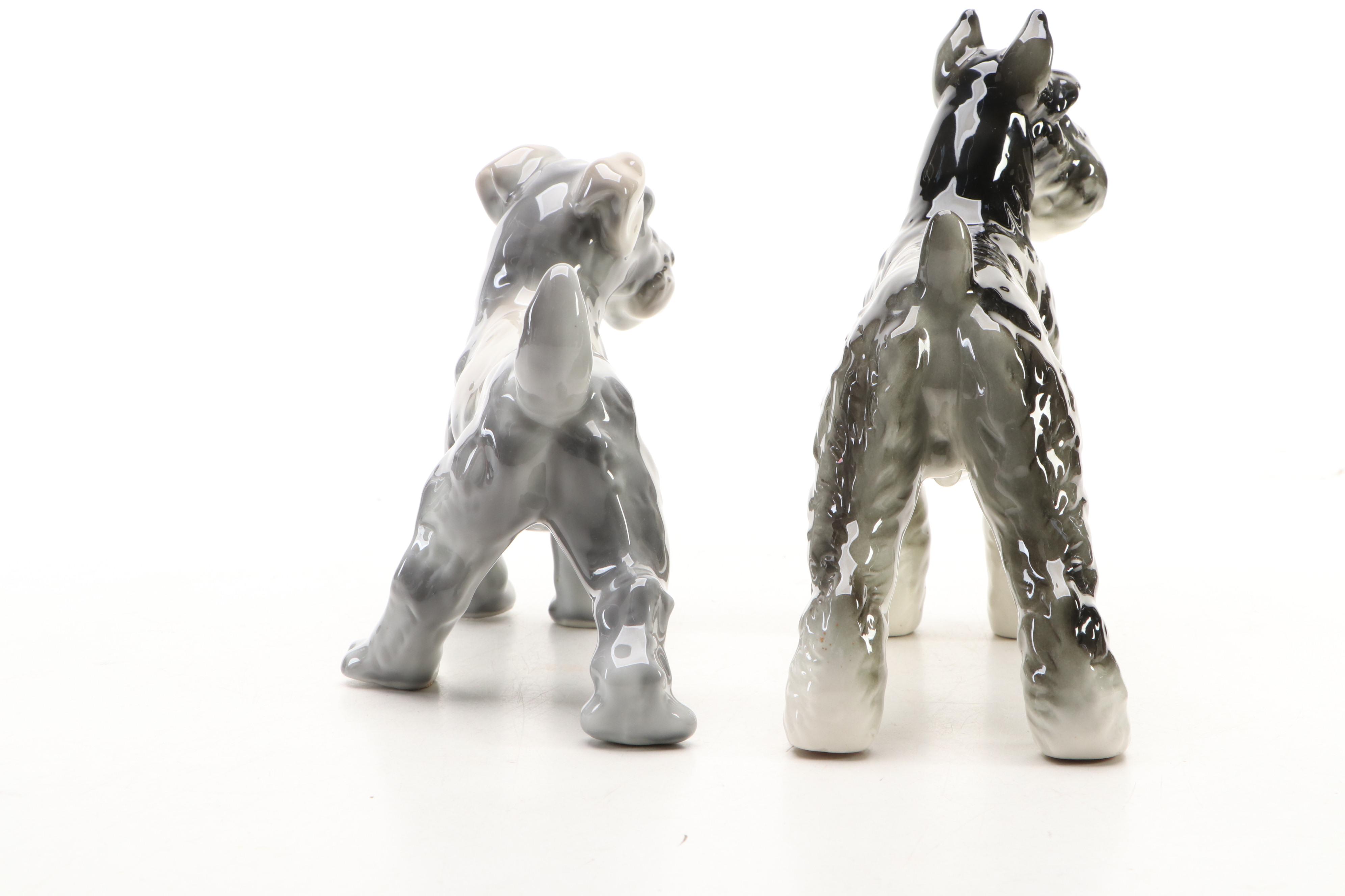 Schnauzer Dog Ceramic Bookends and Figurines, 20th C.