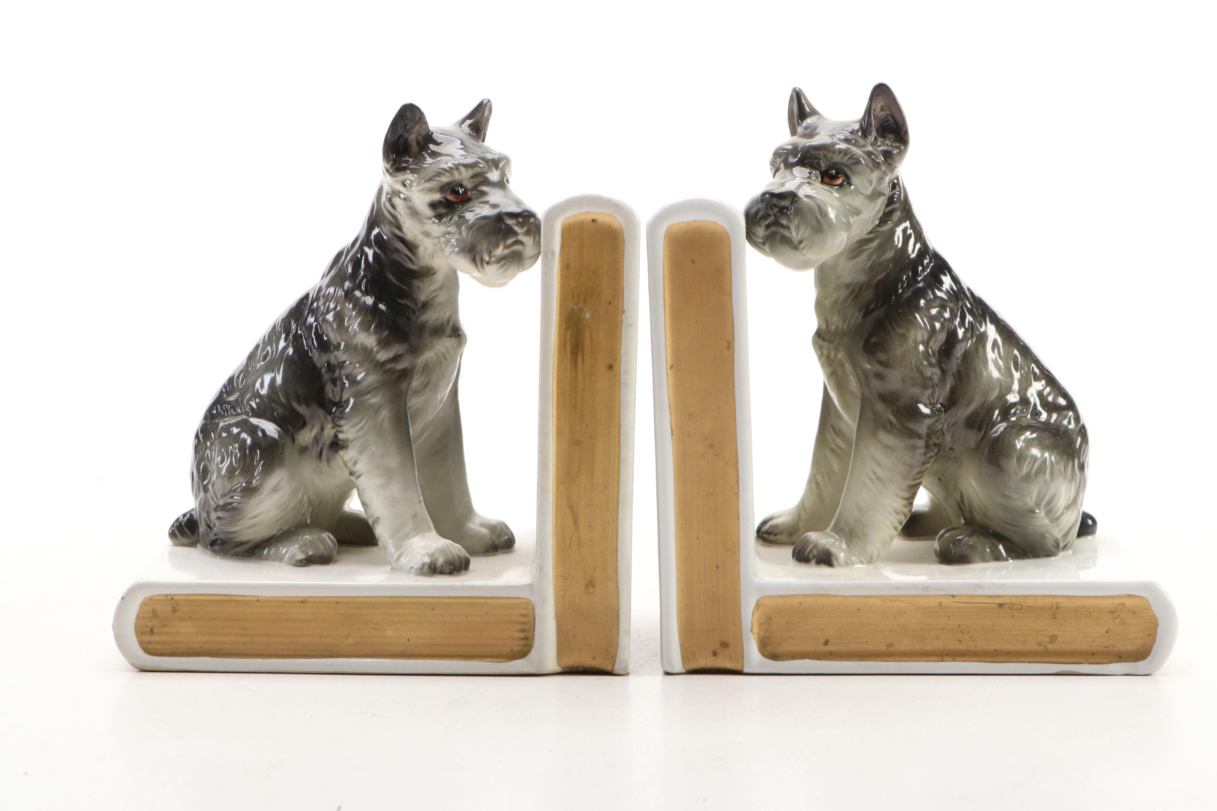 Schnauzer Dog Ceramic Bookends and Figurines, 20th C.