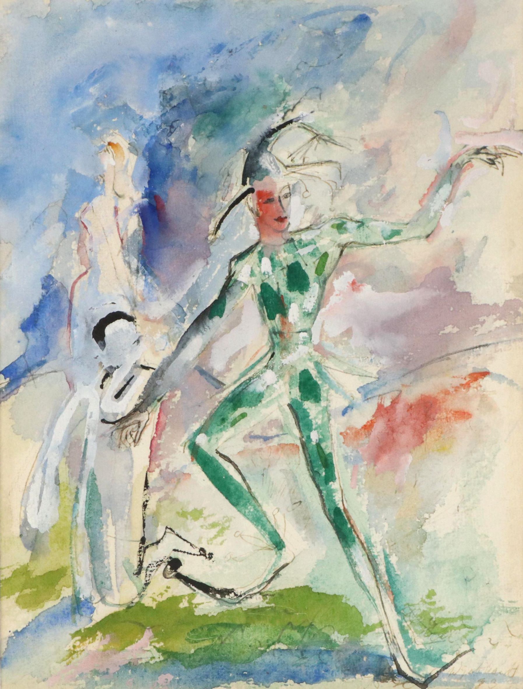 Expressionist Style Watercolor and Gouache Painting with Jester
