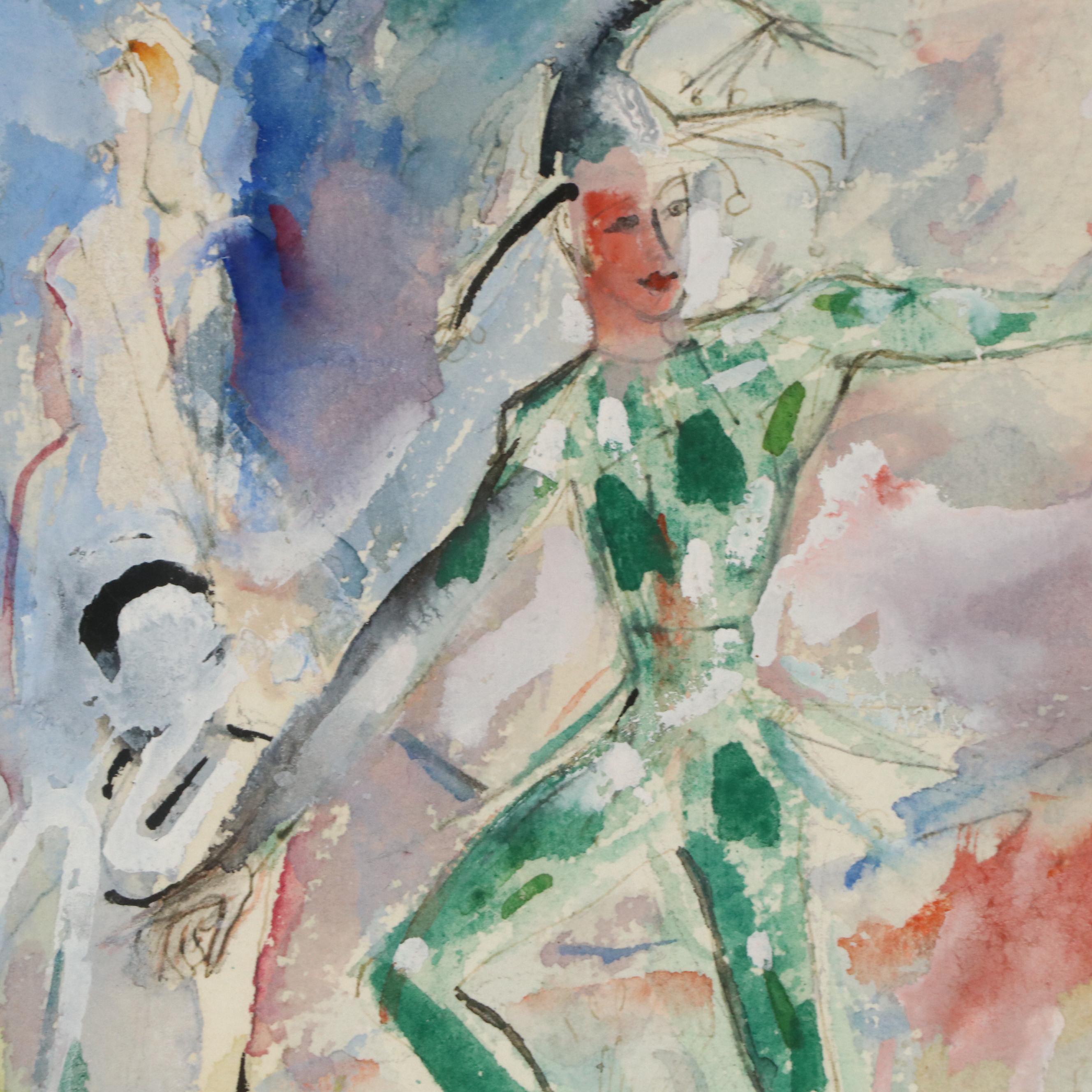 Expressionist Style Watercolor and Gouache Painting with Jester