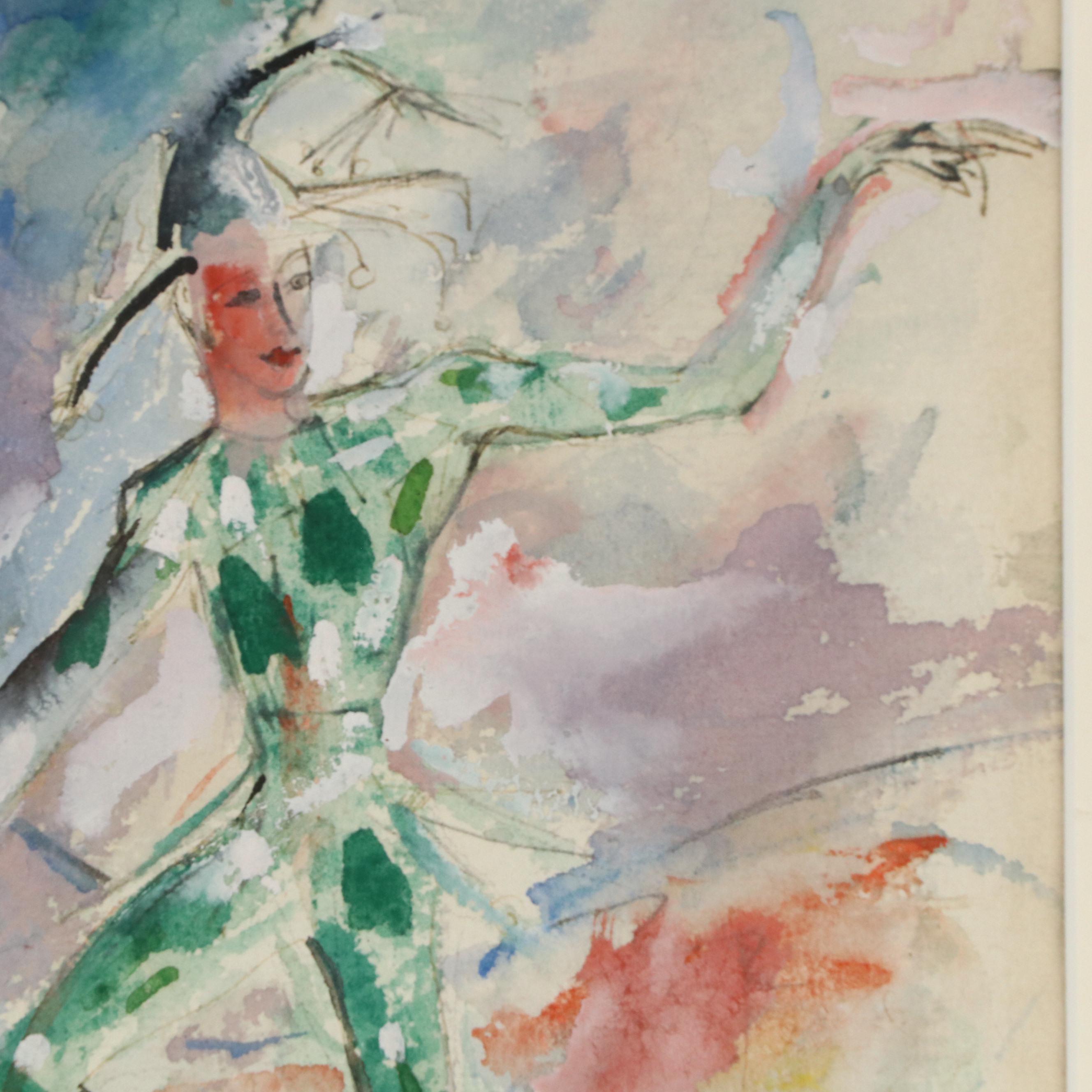 Expressionist Style Watercolor and Gouache Painting with Jester