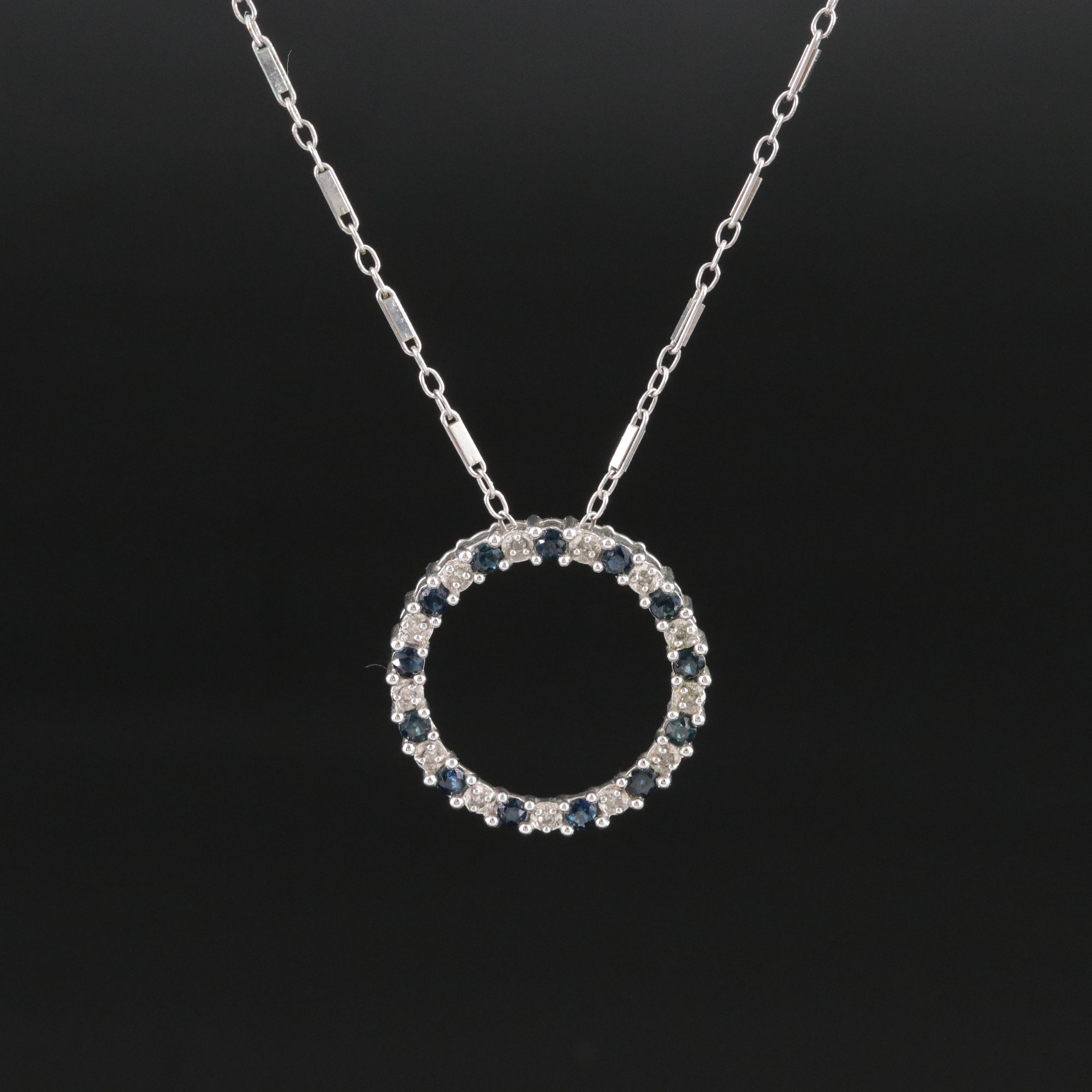14K Sapphire and Diamond Circle Pendant Necklace
