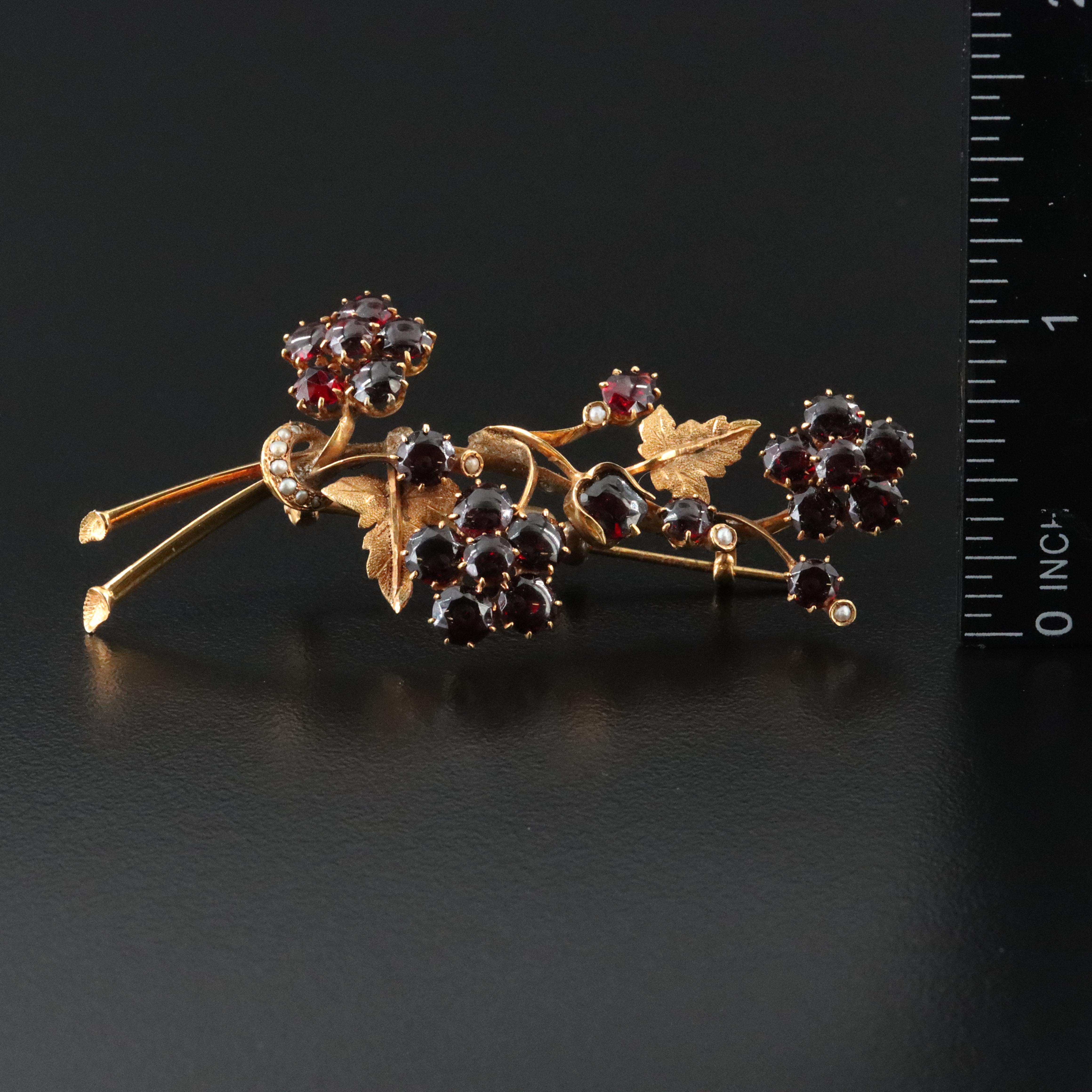 Antique 14K Garnet and Seed Pearl Floral Spray Brooch