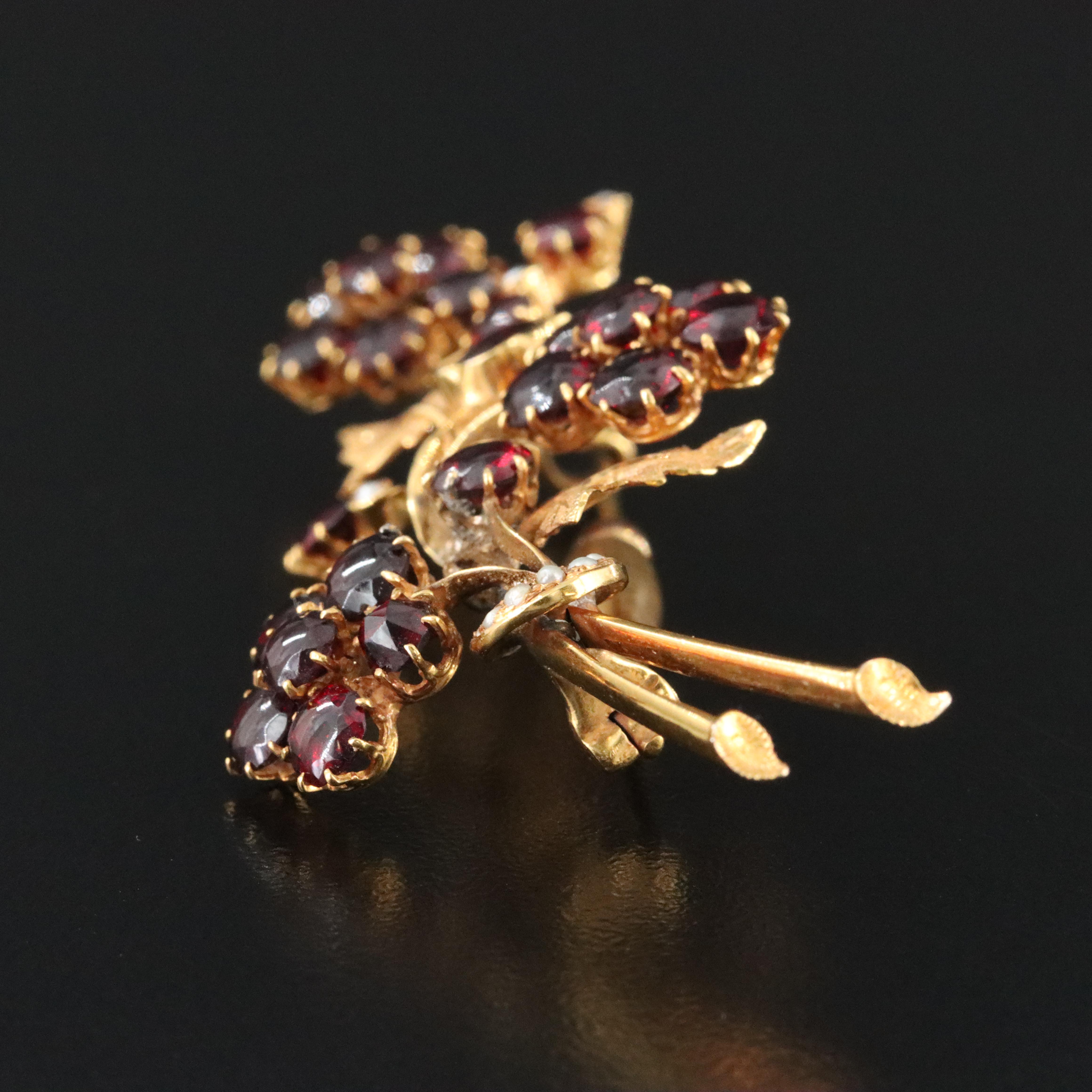 Antique 14K Garnet and Seed Pearl Floral Spray Brooch