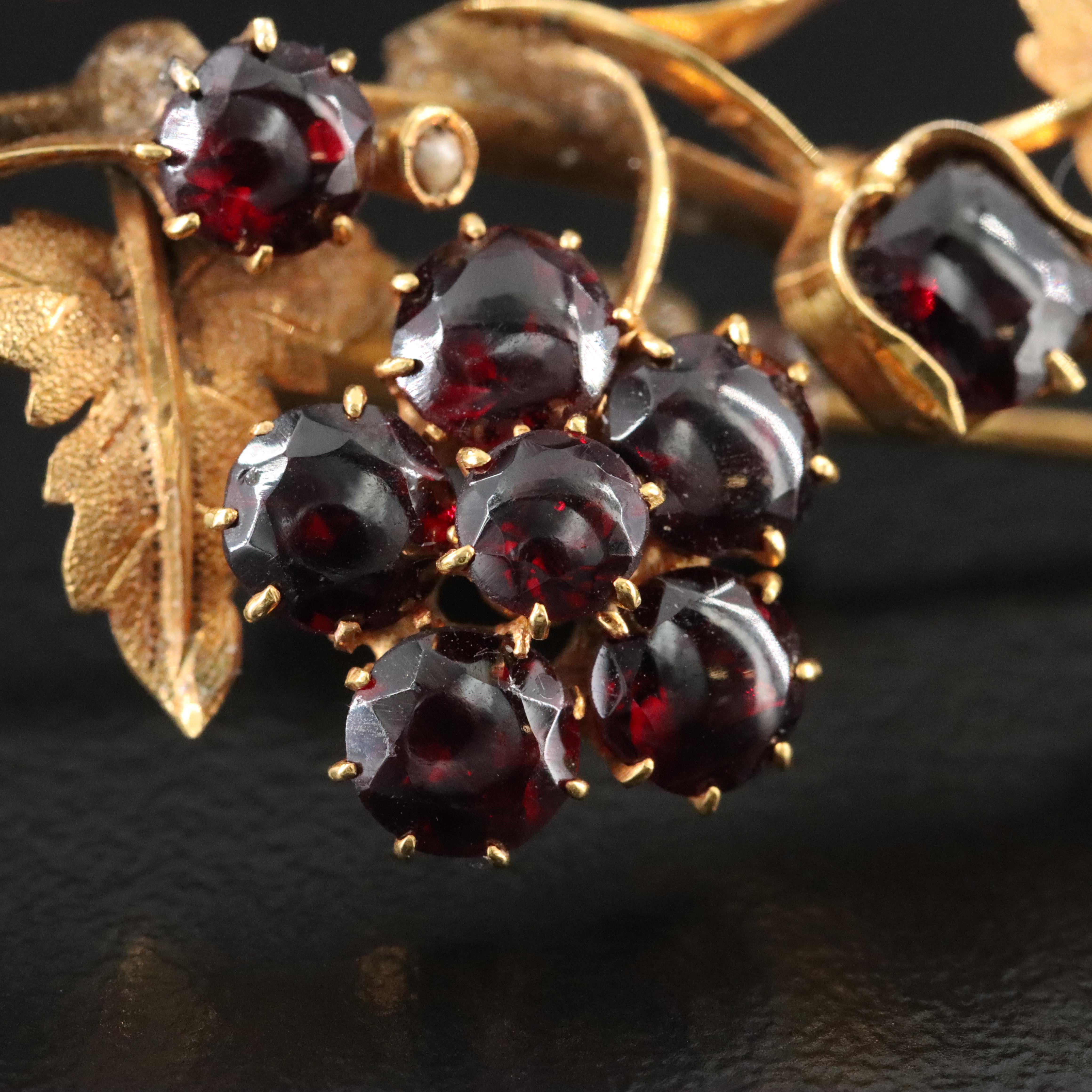 Antique 14K Garnet and Seed Pearl Floral Spray Brooch