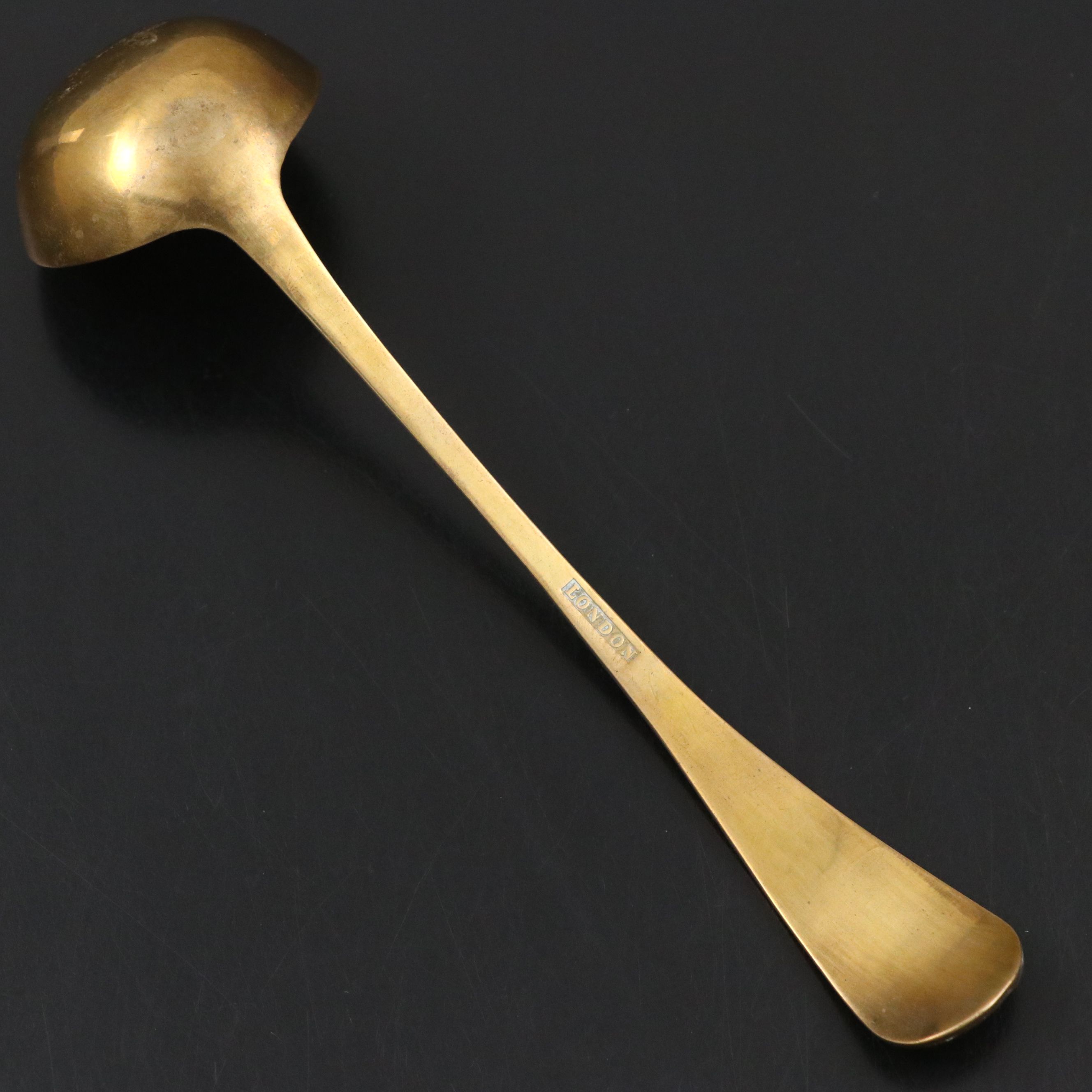 English Brass Sauce Ladle with Floral Engraved Handle, Early to Mid-19th C.