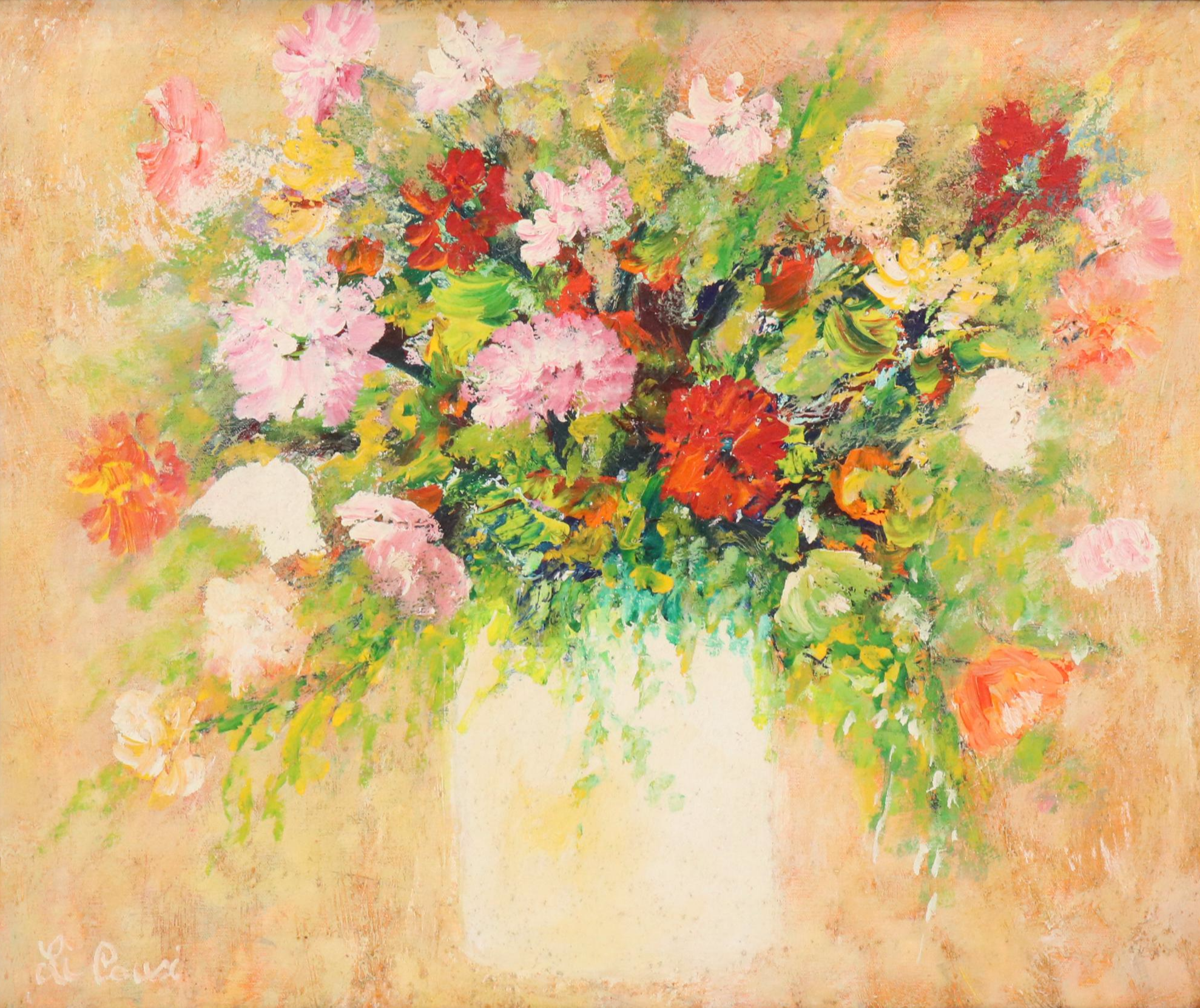 Rino Li Causi Still Life Oil Painting of Pink and Red Bouquet in Vase