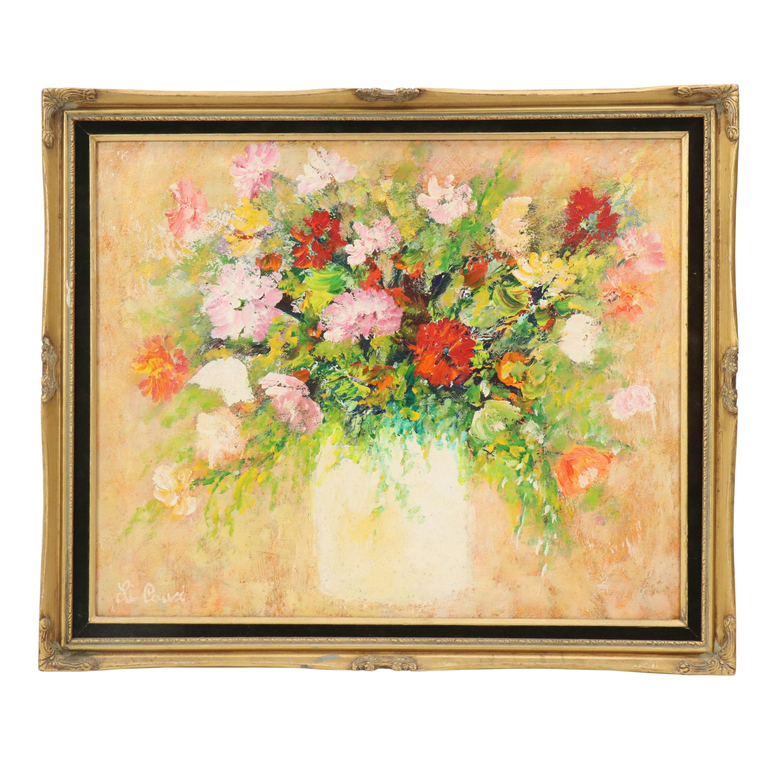 Rino Li Causi Still Life Oil Painting of Pink and Red Bouquet in Vase