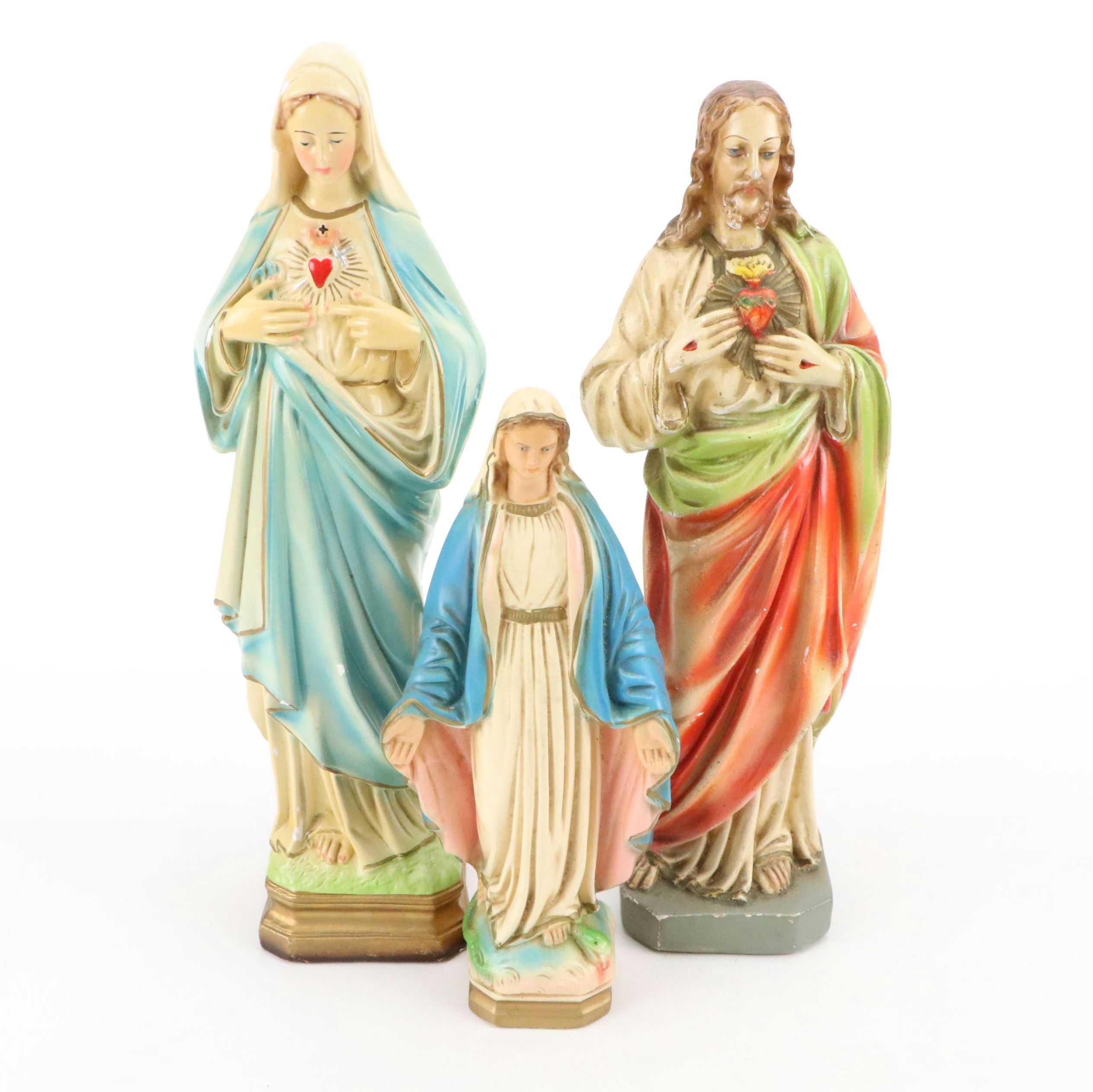 Italian Jesus Christ and Mary Chalkware Figures, 20th Century