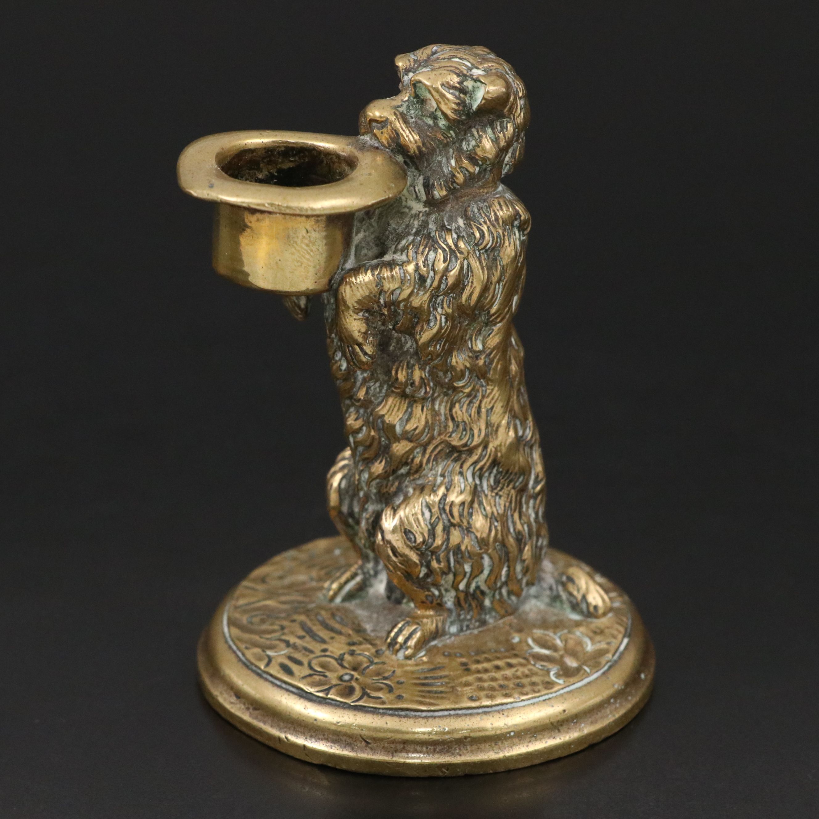 Cast Brass Begging Terrier with Top Hat Candlestick