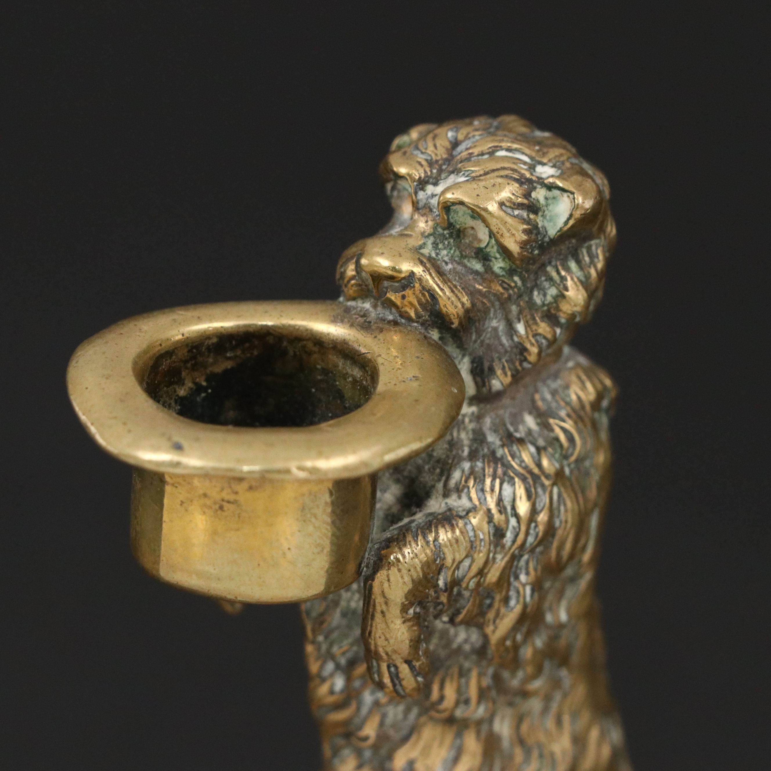 Cast Brass Begging Terrier with Top Hat Candlestick