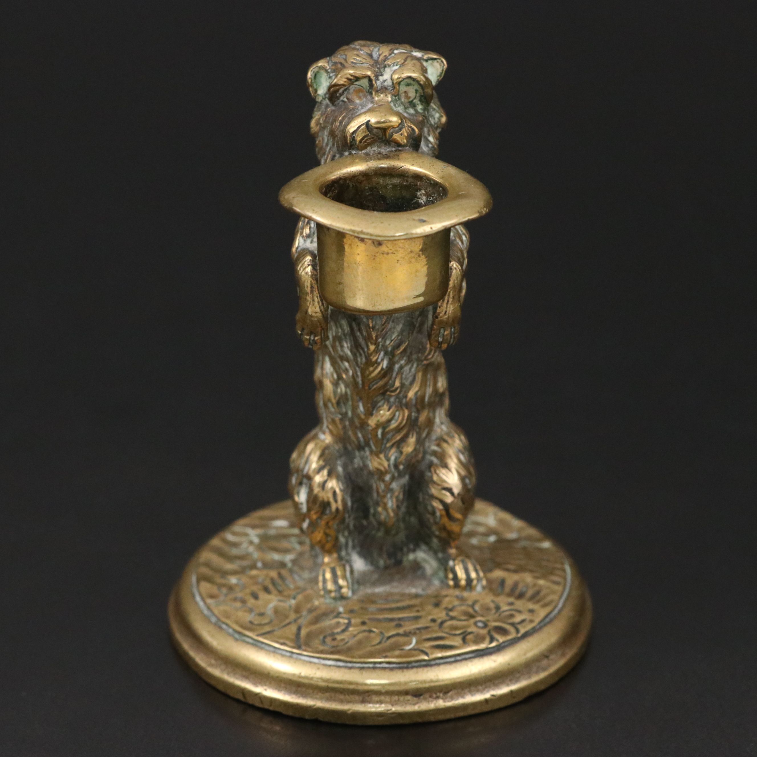 Cast Brass Begging Terrier with Top Hat Candlestick