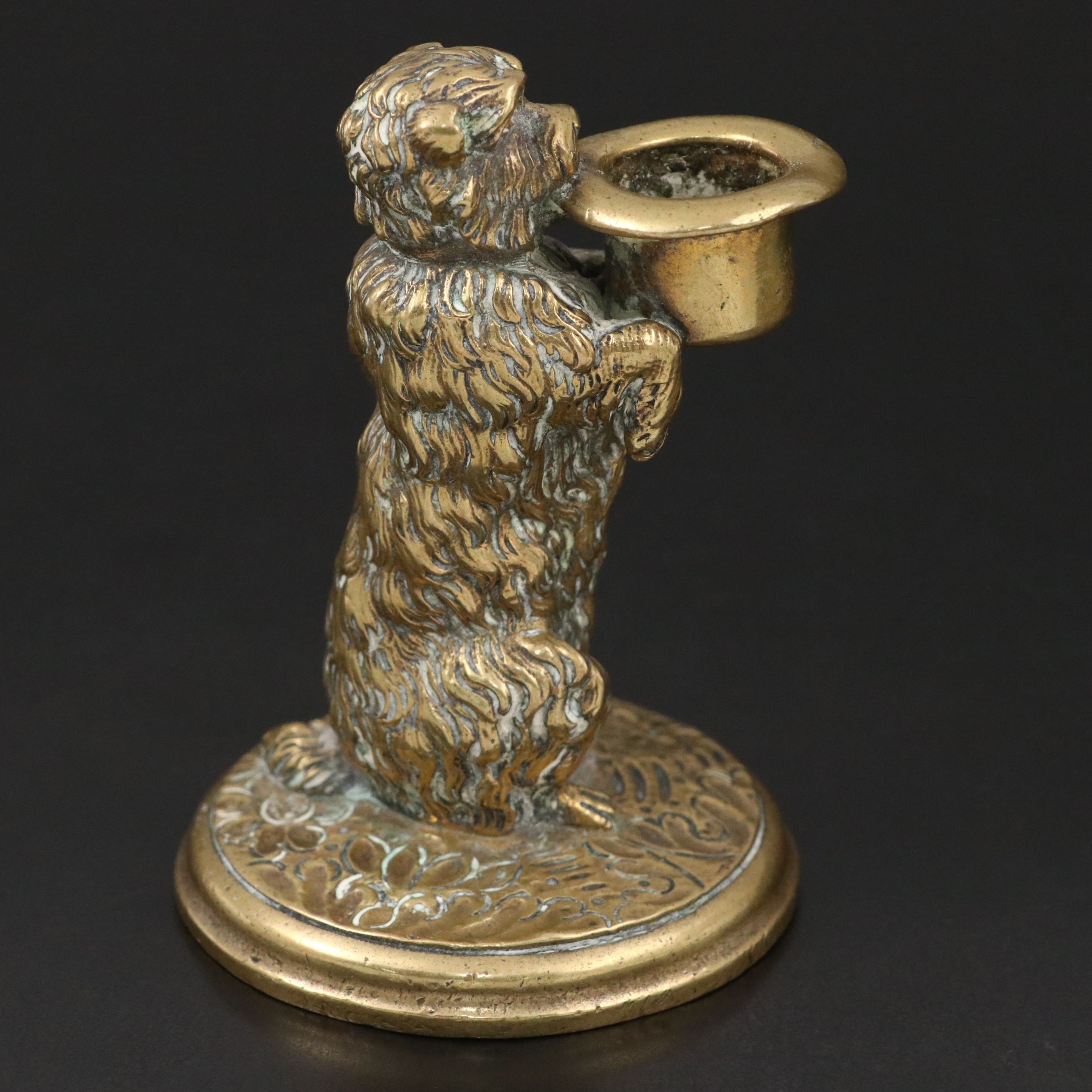 Cast Brass Begging Terrier with Top Hat Candlestick