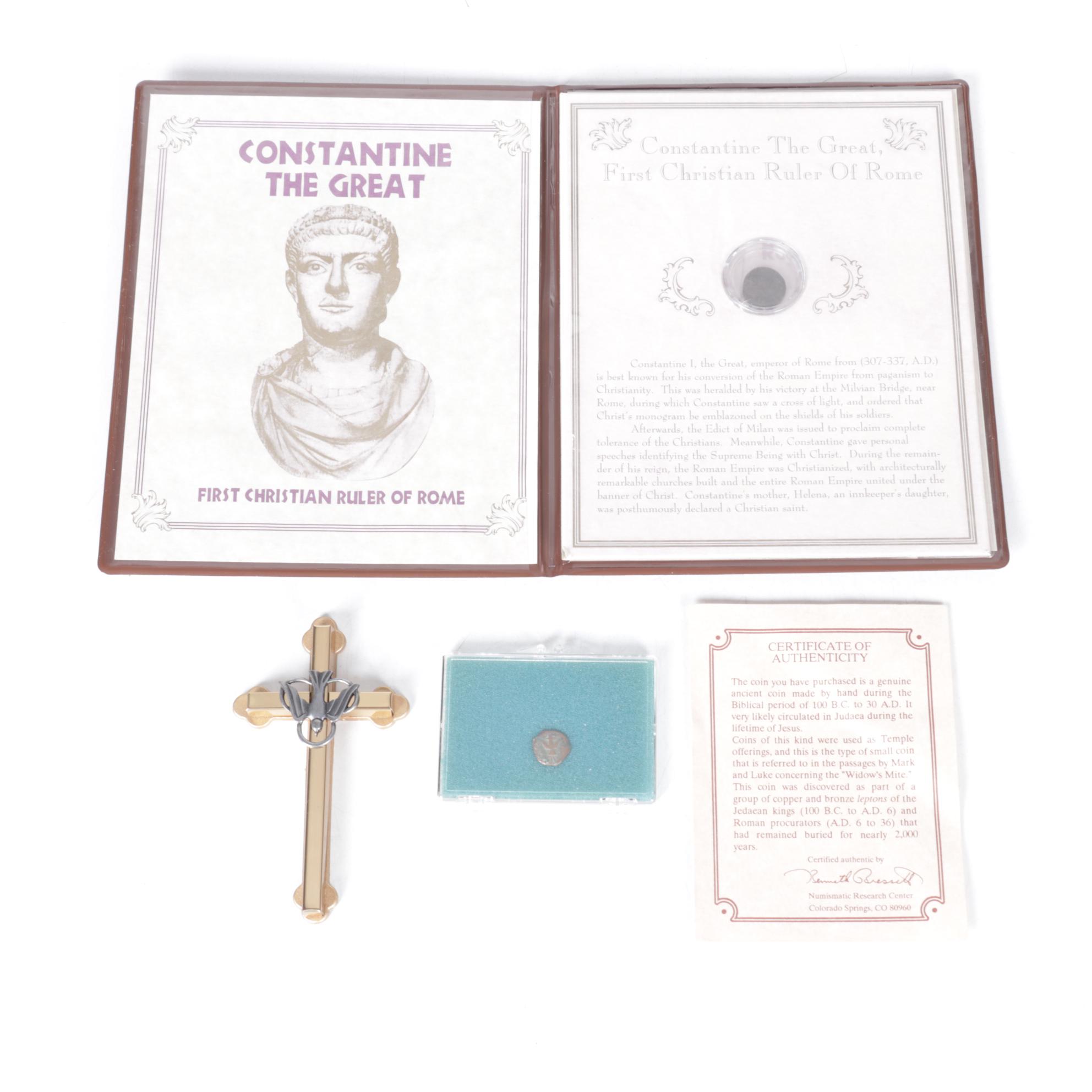 Ancient Judean Æ Prutah Widow's Mite Coin with Brass Crucifix