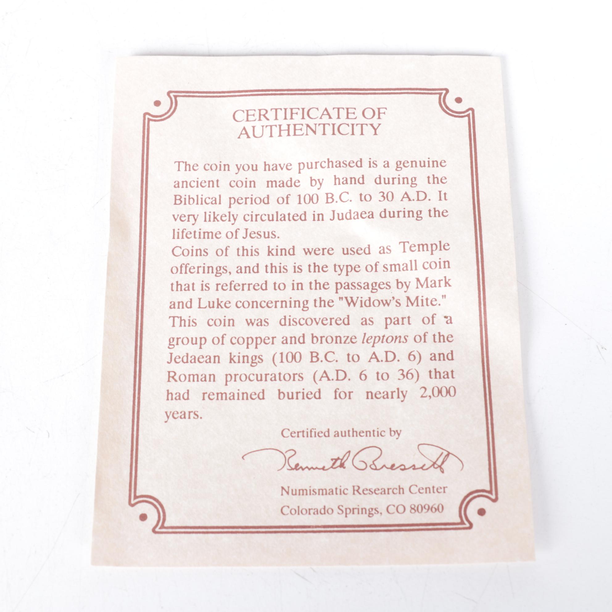 Ancient Judean Æ Prutah Widow's Mite Coin with Brass Crucifix