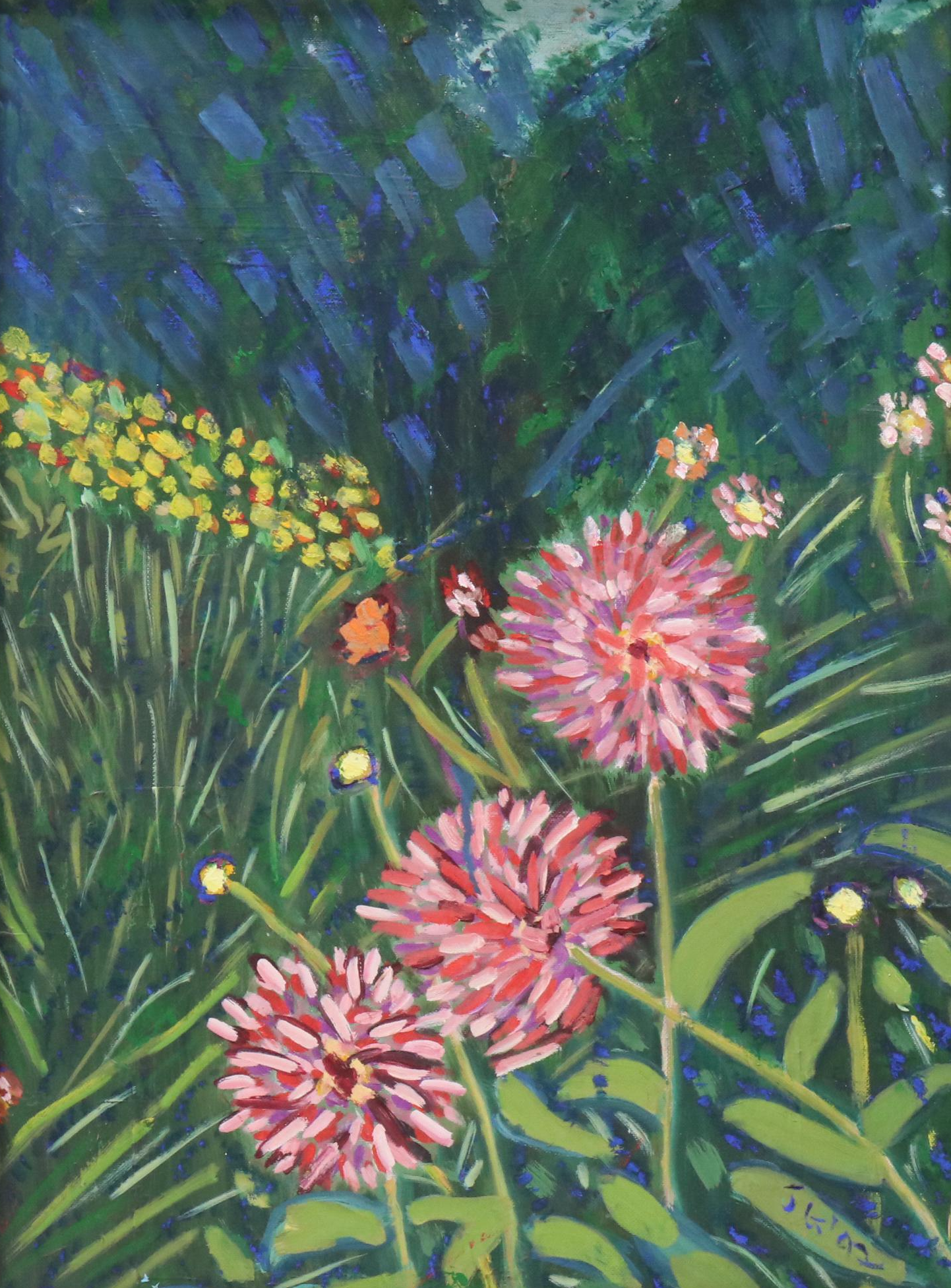 Janice Guttman Close-Up View Acrylic Painting of Flowers in Lawn, 1992