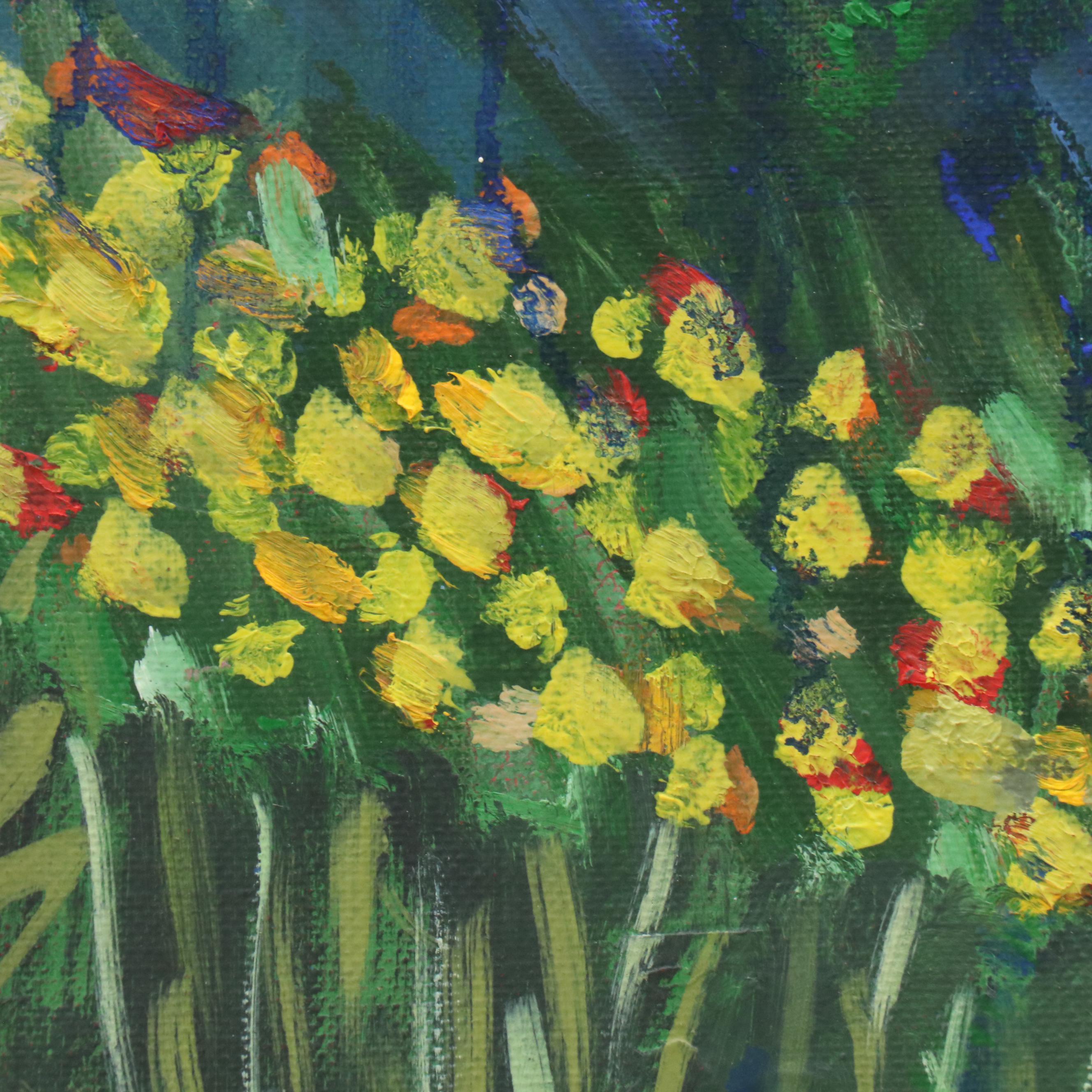 Janice Guttman Close-Up View Acrylic Painting of Flowers in Lawn, 1992