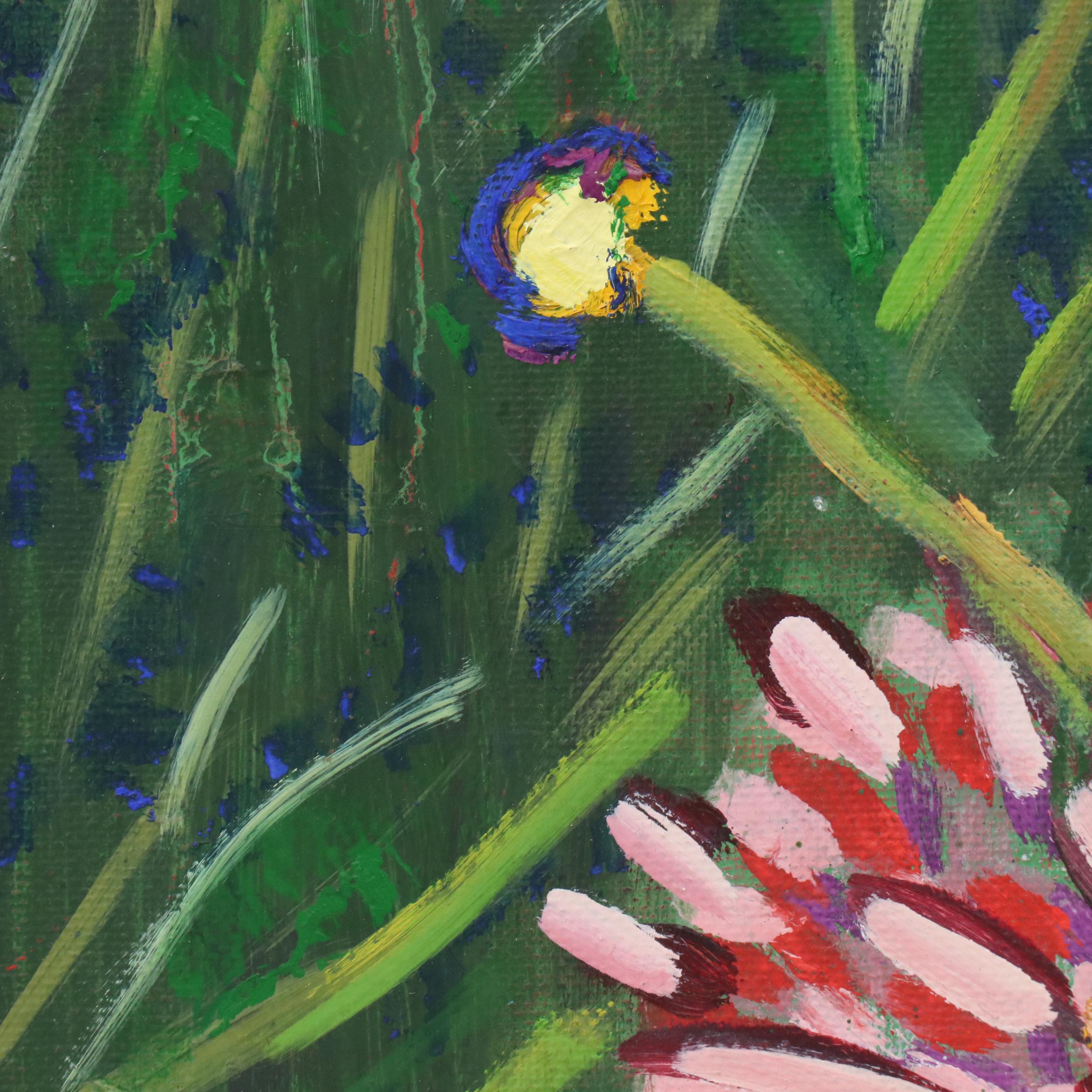 Janice Guttman Close-Up View Acrylic Painting of Flowers in Lawn, 1992