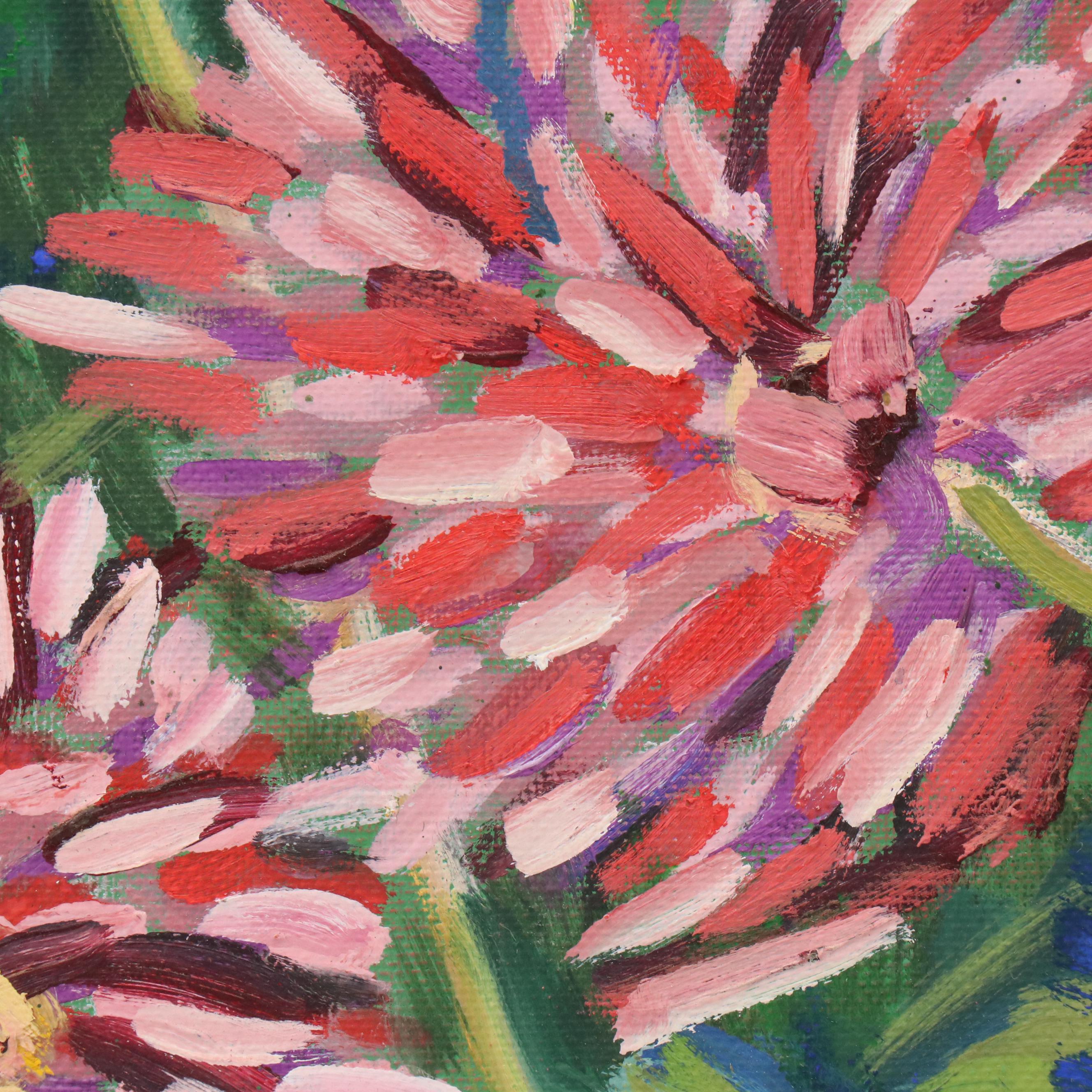 Janice Guttman Close-Up View Acrylic Painting of Flowers in Lawn, 1992