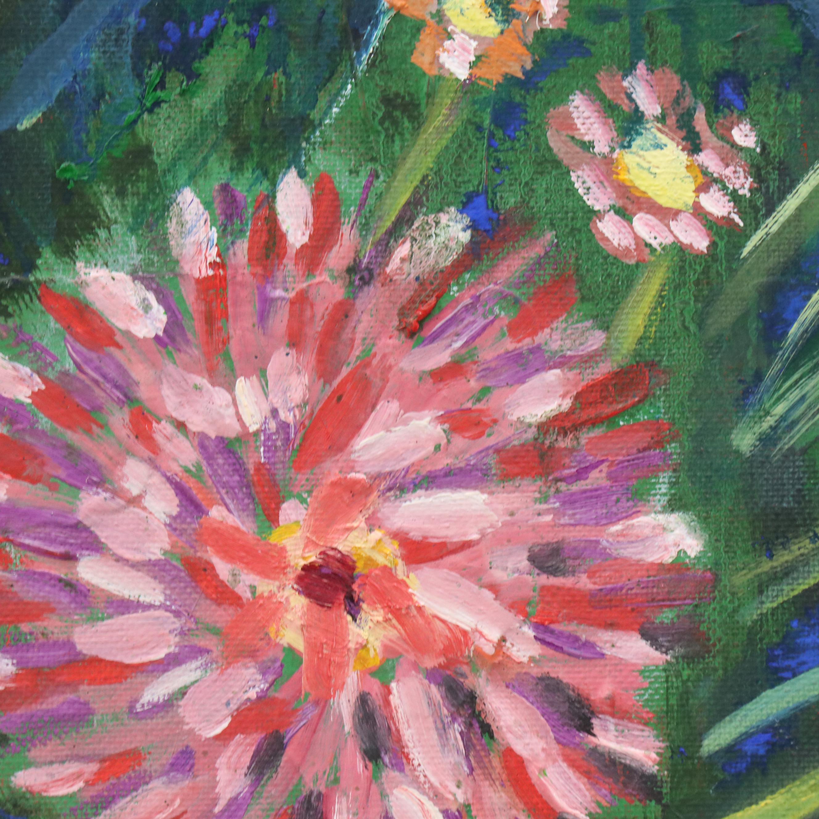 Janice Guttman Close-Up View Acrylic Painting of Flowers in Lawn, 1992