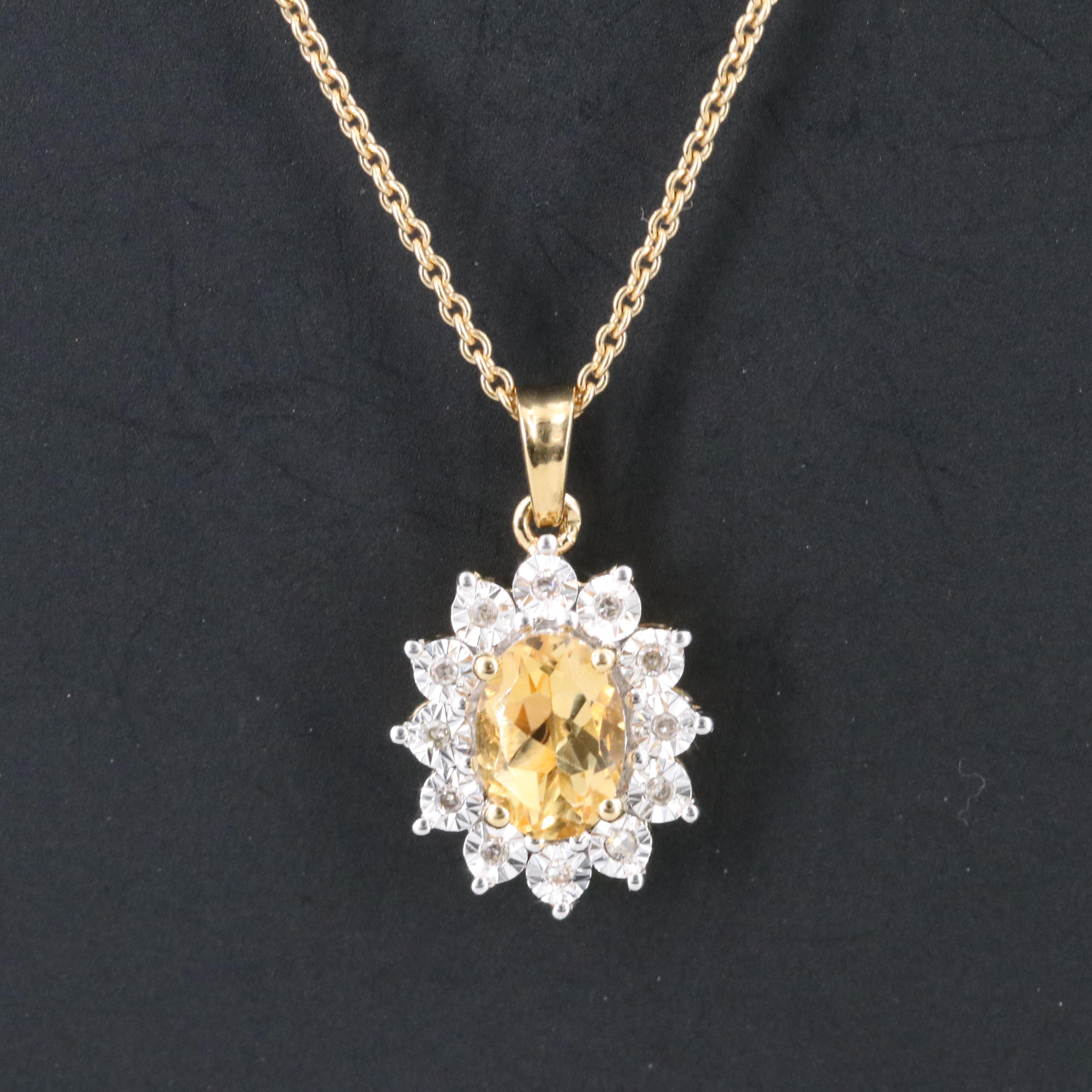 Sterling Citrine and Diamond Pendant Necklace in Gold Tone