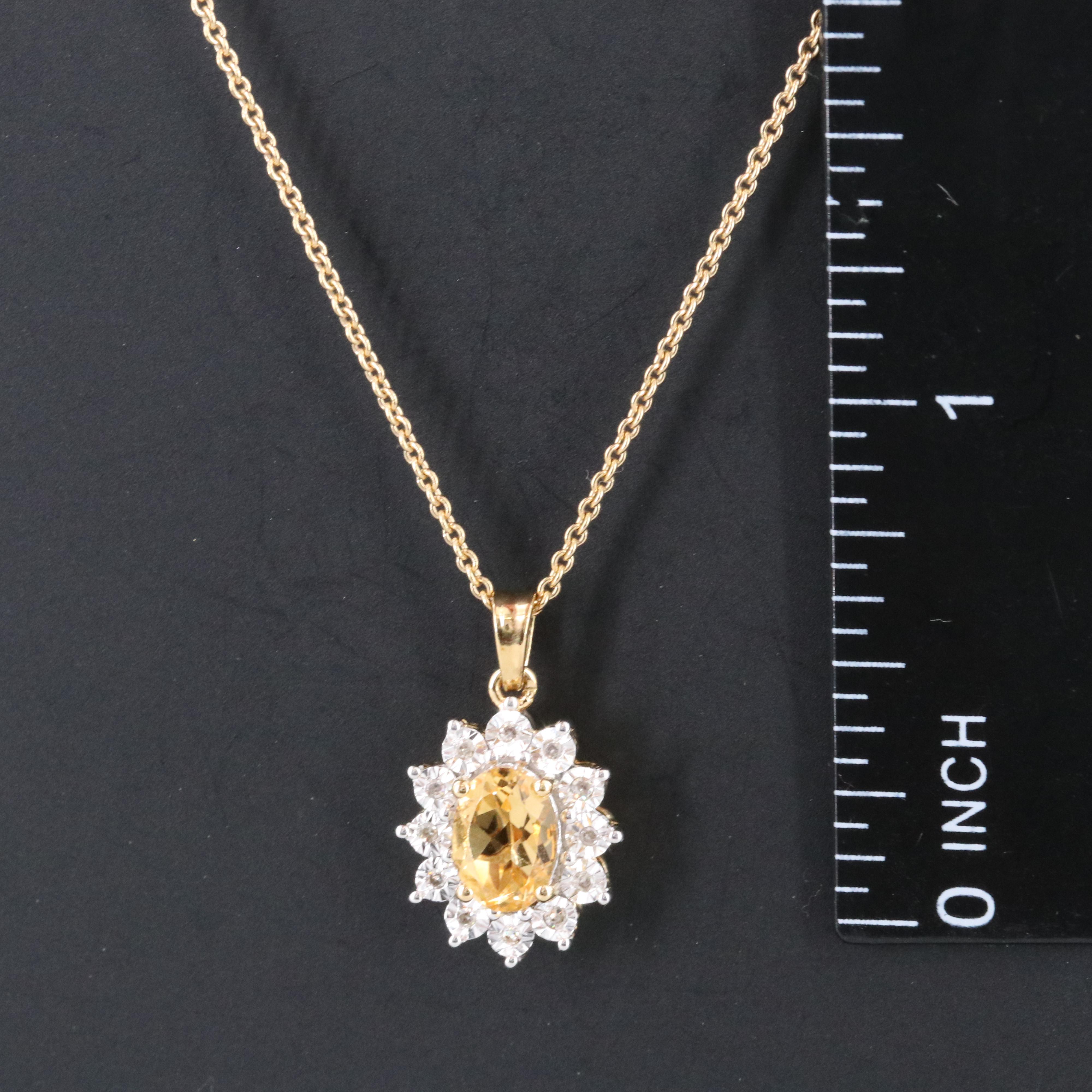 Sterling Citrine and Diamond Pendant Necklace in Gold Tone
