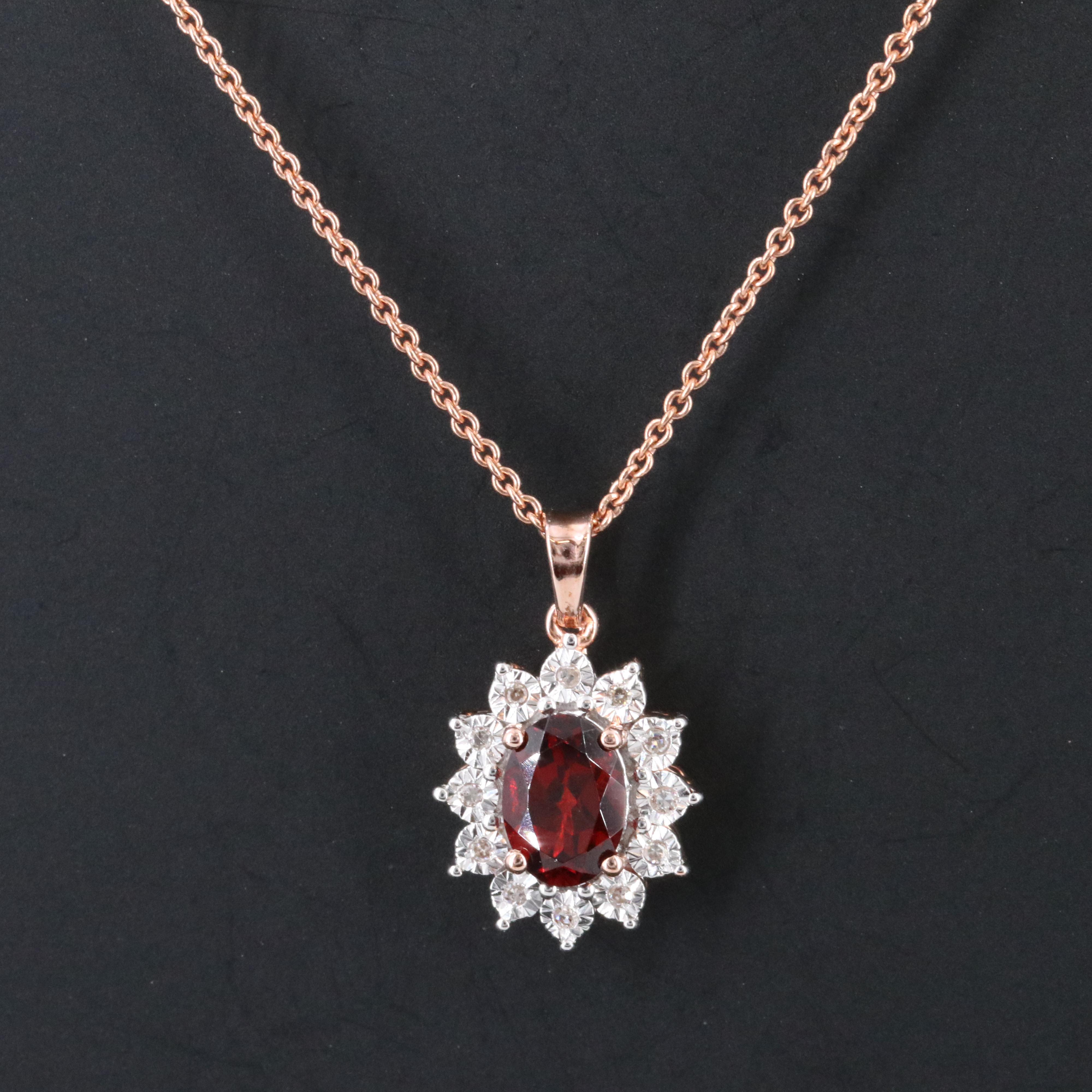 Sterling Garnet and Diamond Pendant Necklace in Rose Tone
