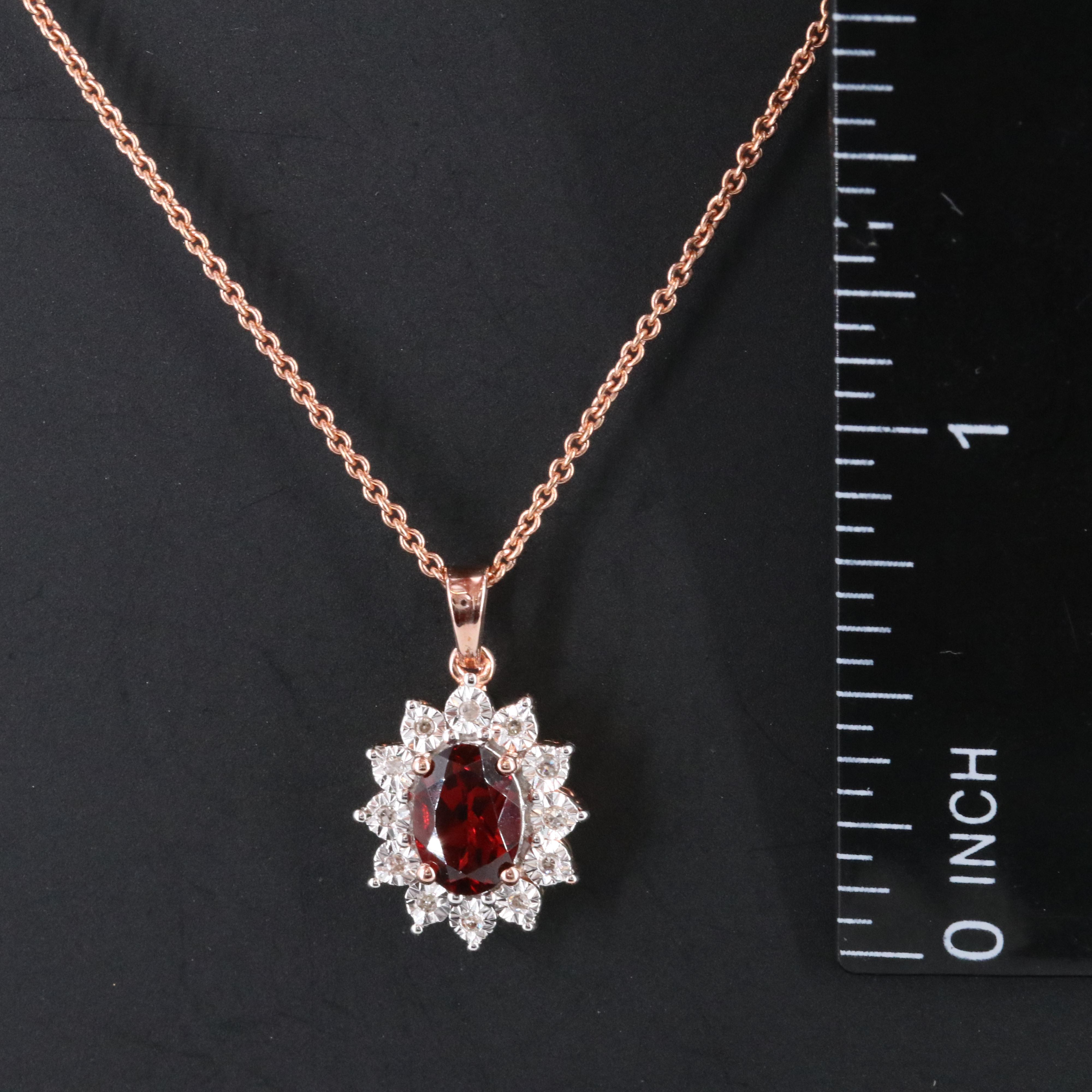 Sterling Garnet and Diamond Pendant Necklace in Rose Tone