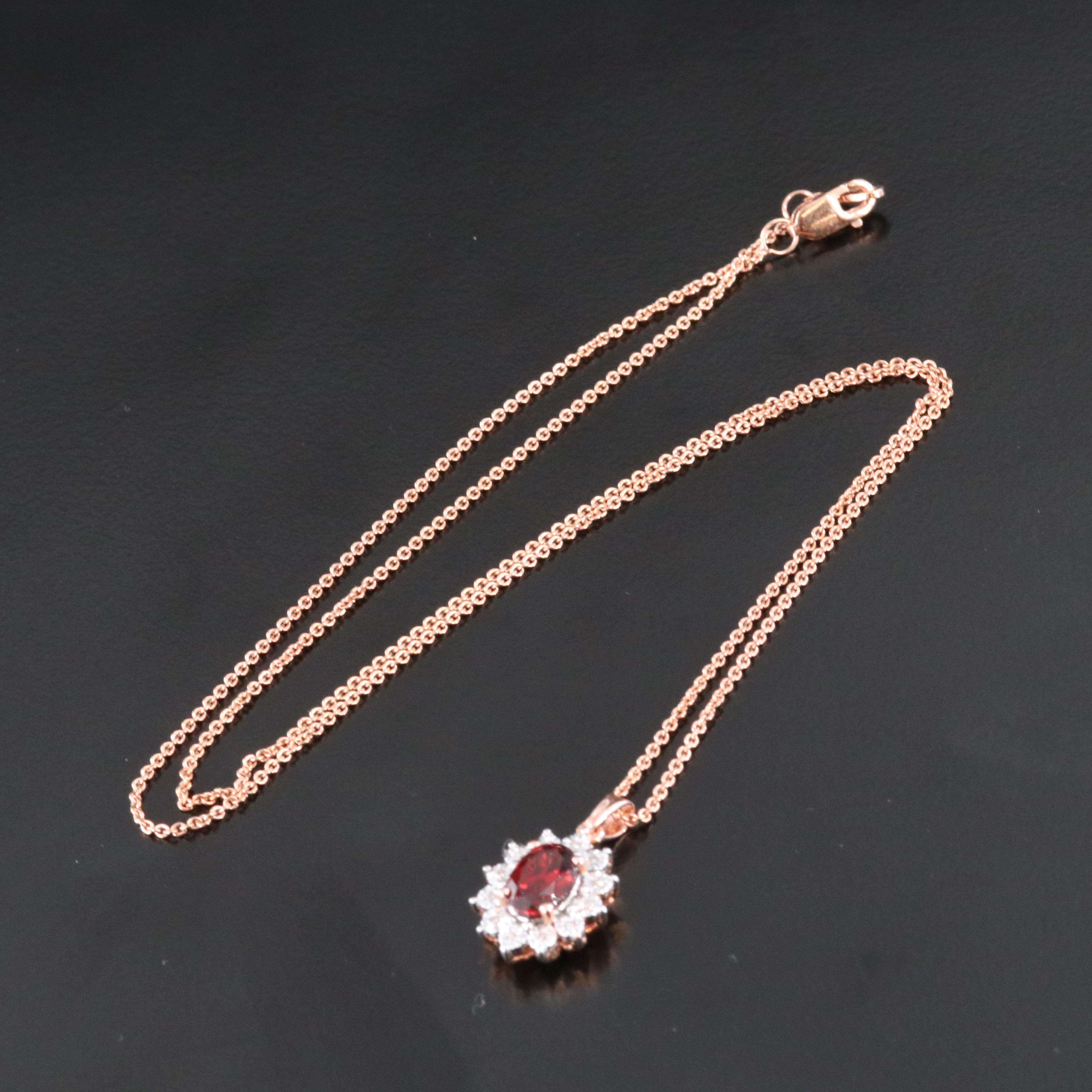 Sterling Garnet and Diamond Pendant Necklace in Rose Tone