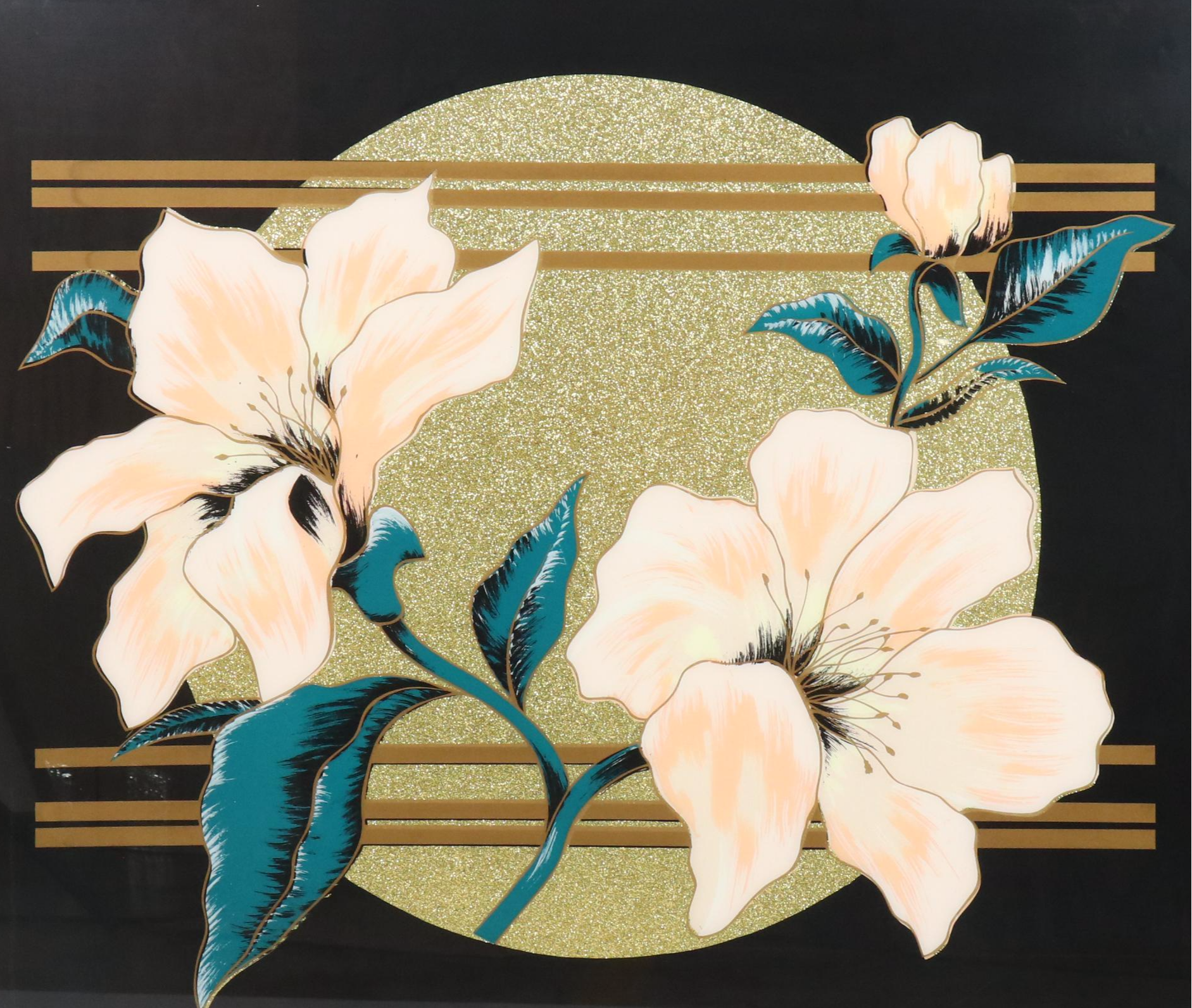 Deco Revival Reverse Glass Print of Flowers and Geometric Motifs