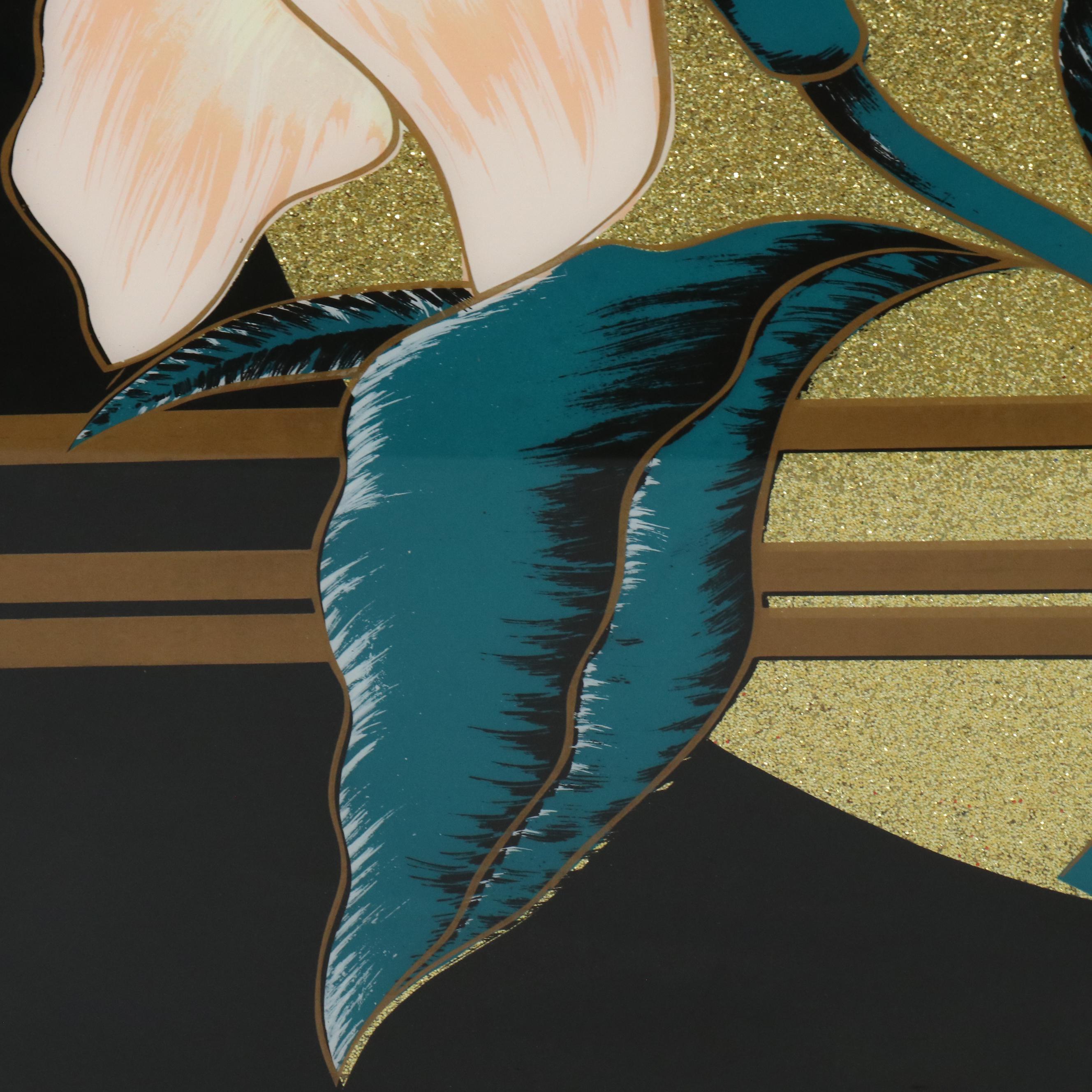 Deco Revival Reverse Glass Print of Flowers and Geometric Motifs