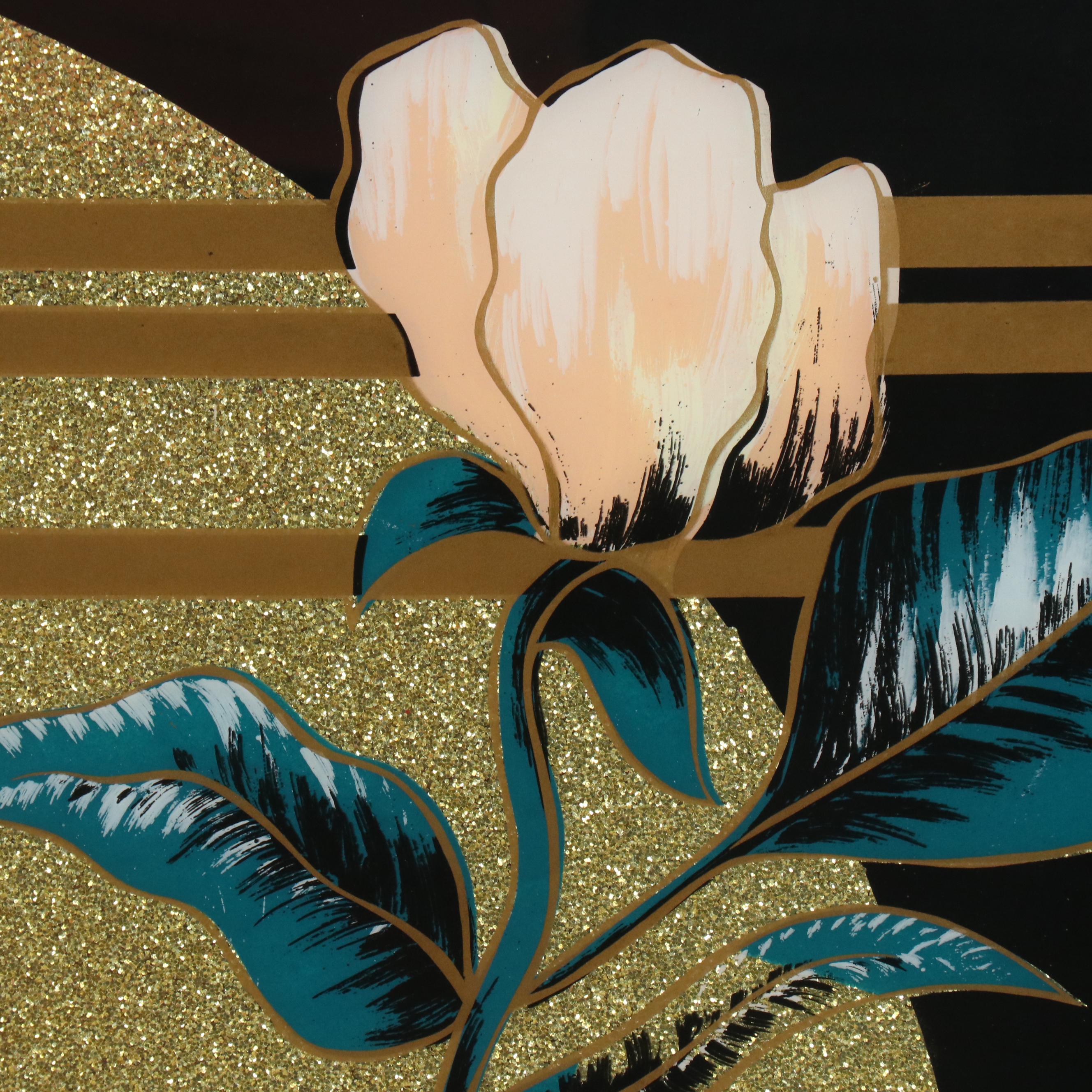 Deco Revival Reverse Glass Print of Flowers and Geometric Motifs