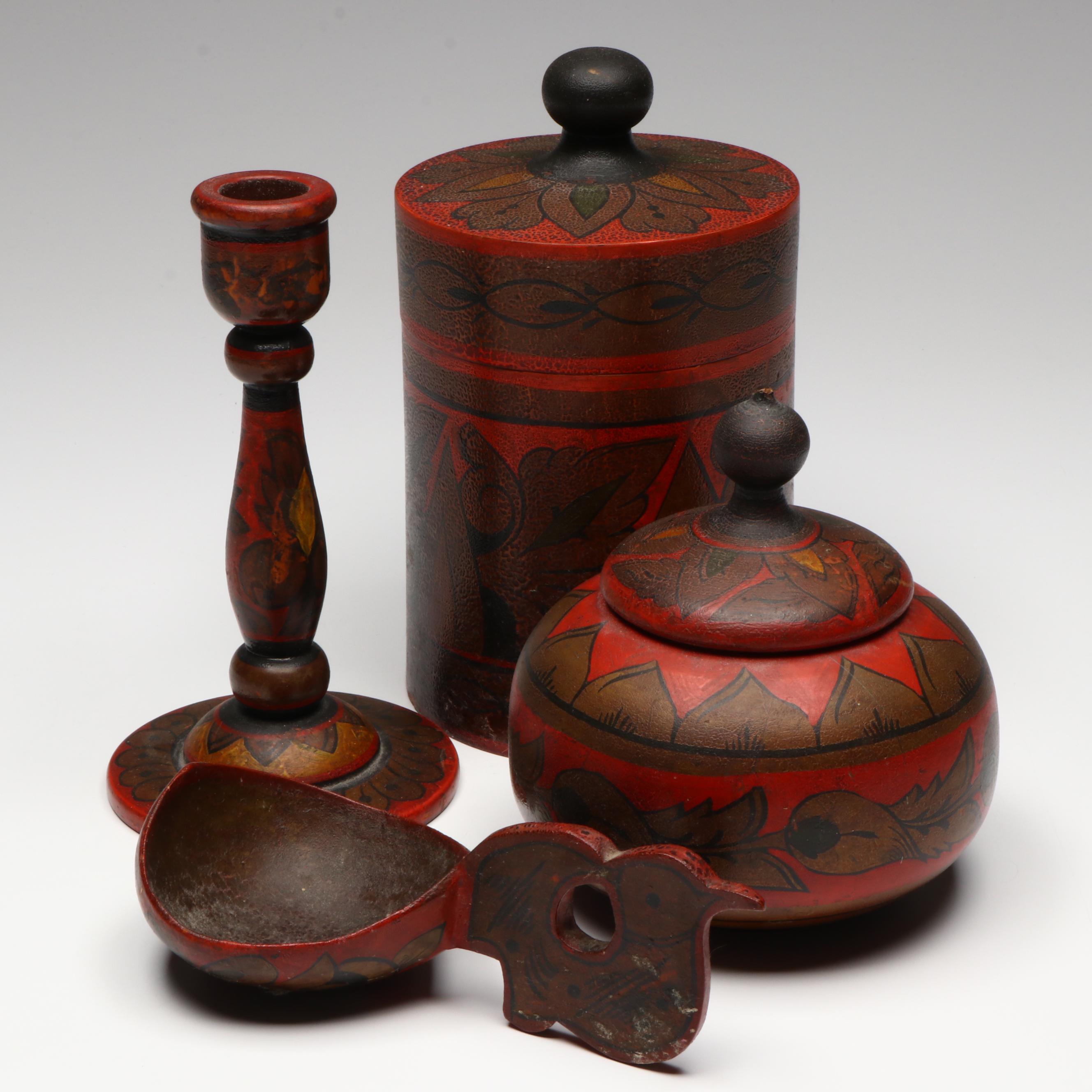 Russian Folk Art Khokhloma Lacquered Wood Jars and Table Accessories, 20th C.