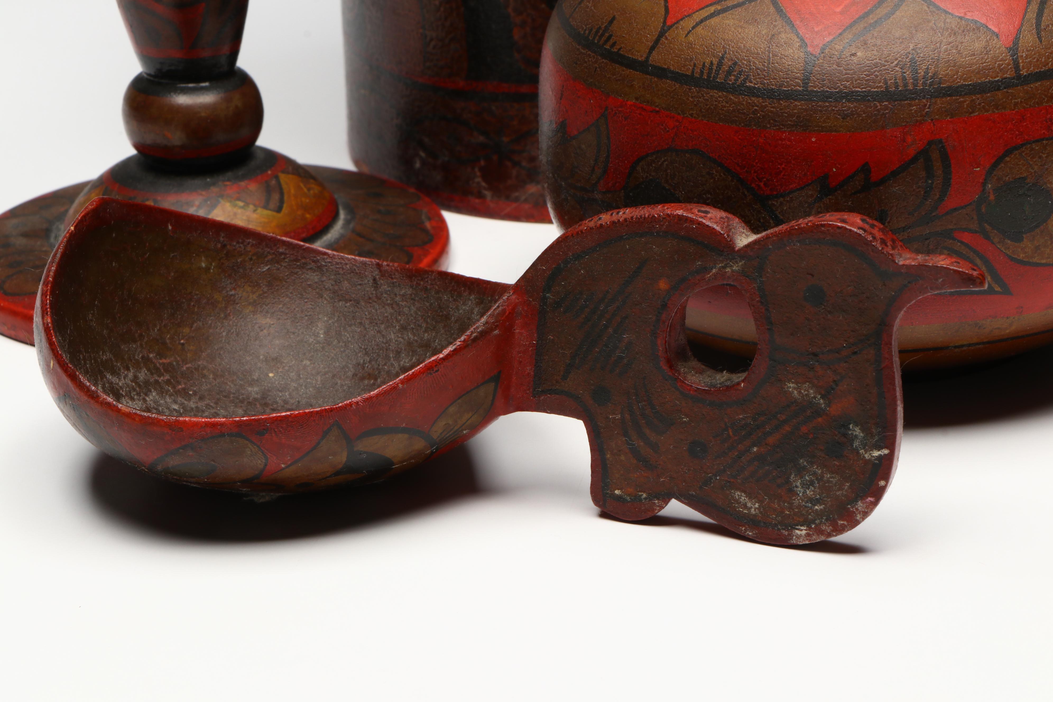 Russian Folk Art Khokhloma Lacquered Wood Jars and Table Accessories, 20th C.