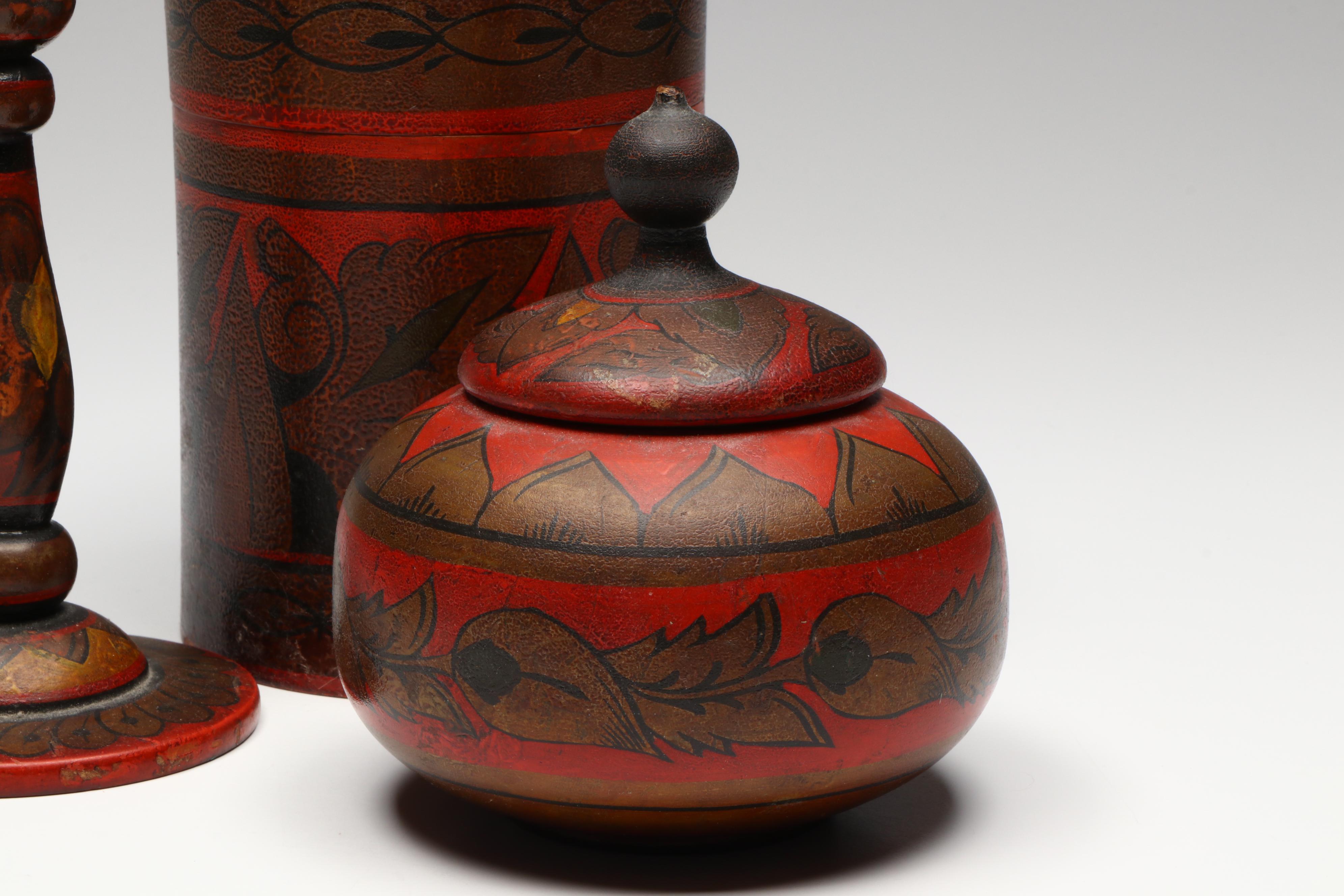 Russian Folk Art Khokhloma Lacquered Wood Jars and Table Accessories, 20th C.