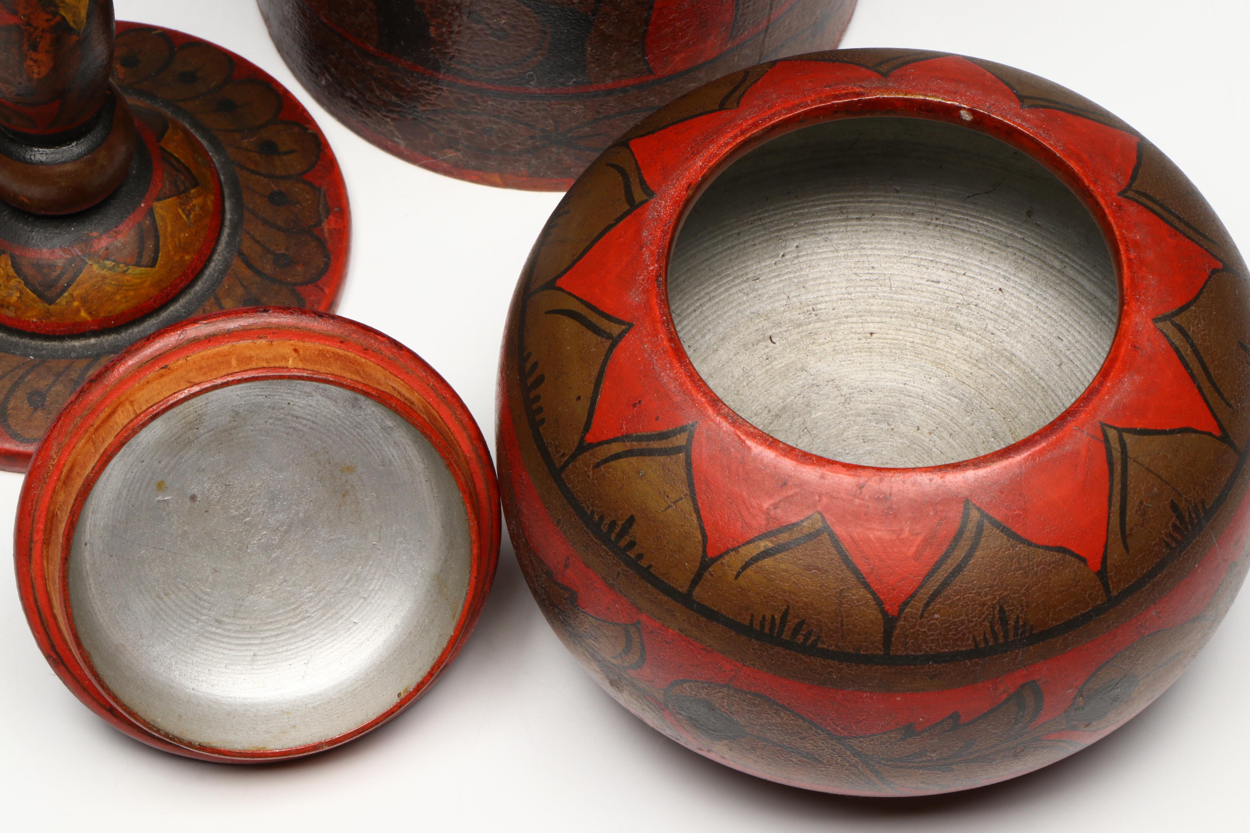 Russian Folk Art Khokhloma Lacquered Wood Jars and Table Accessories, 20th C.