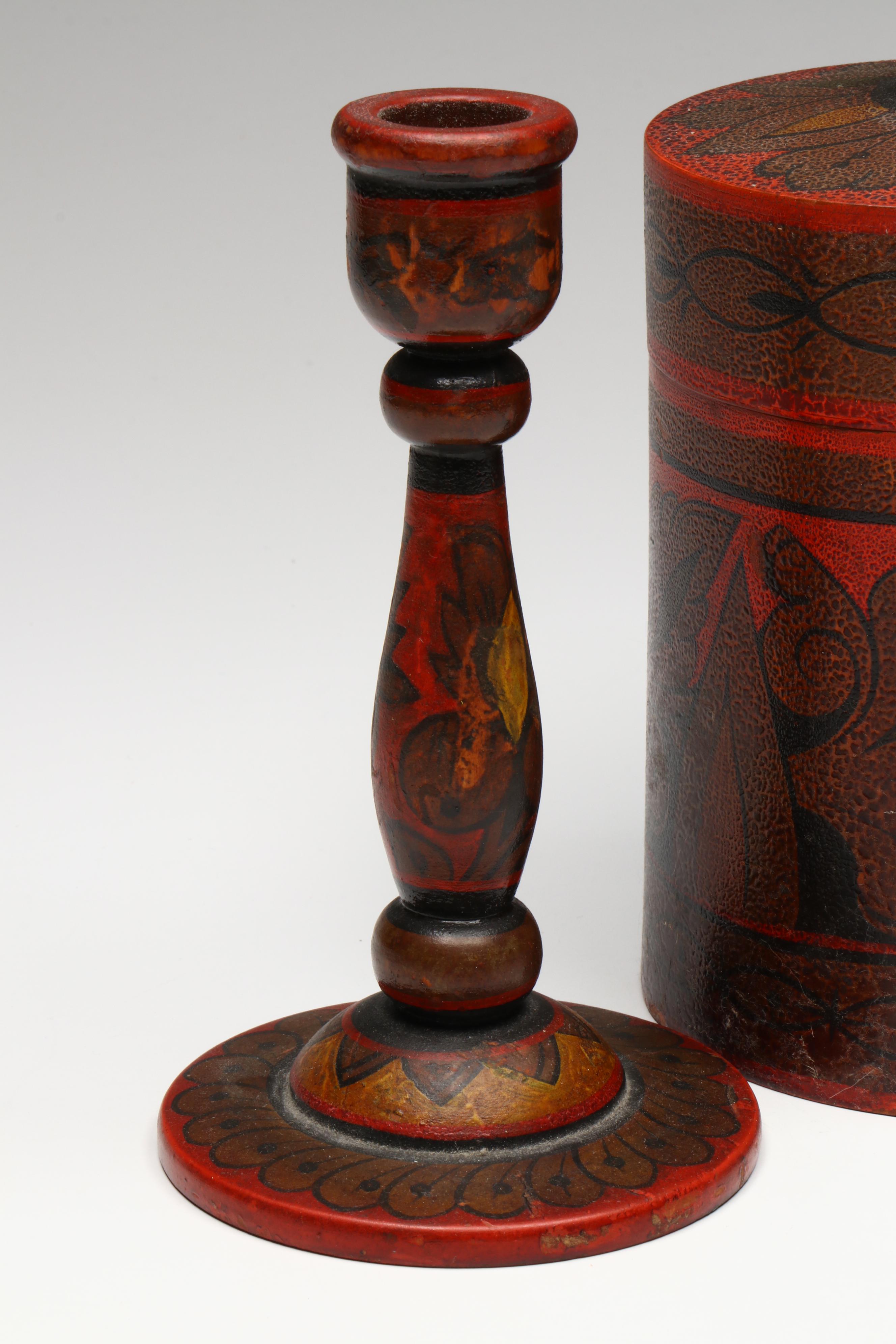 Russian Folk Art Khokhloma Lacquered Wood Jars and Table Accessories, 20th C.