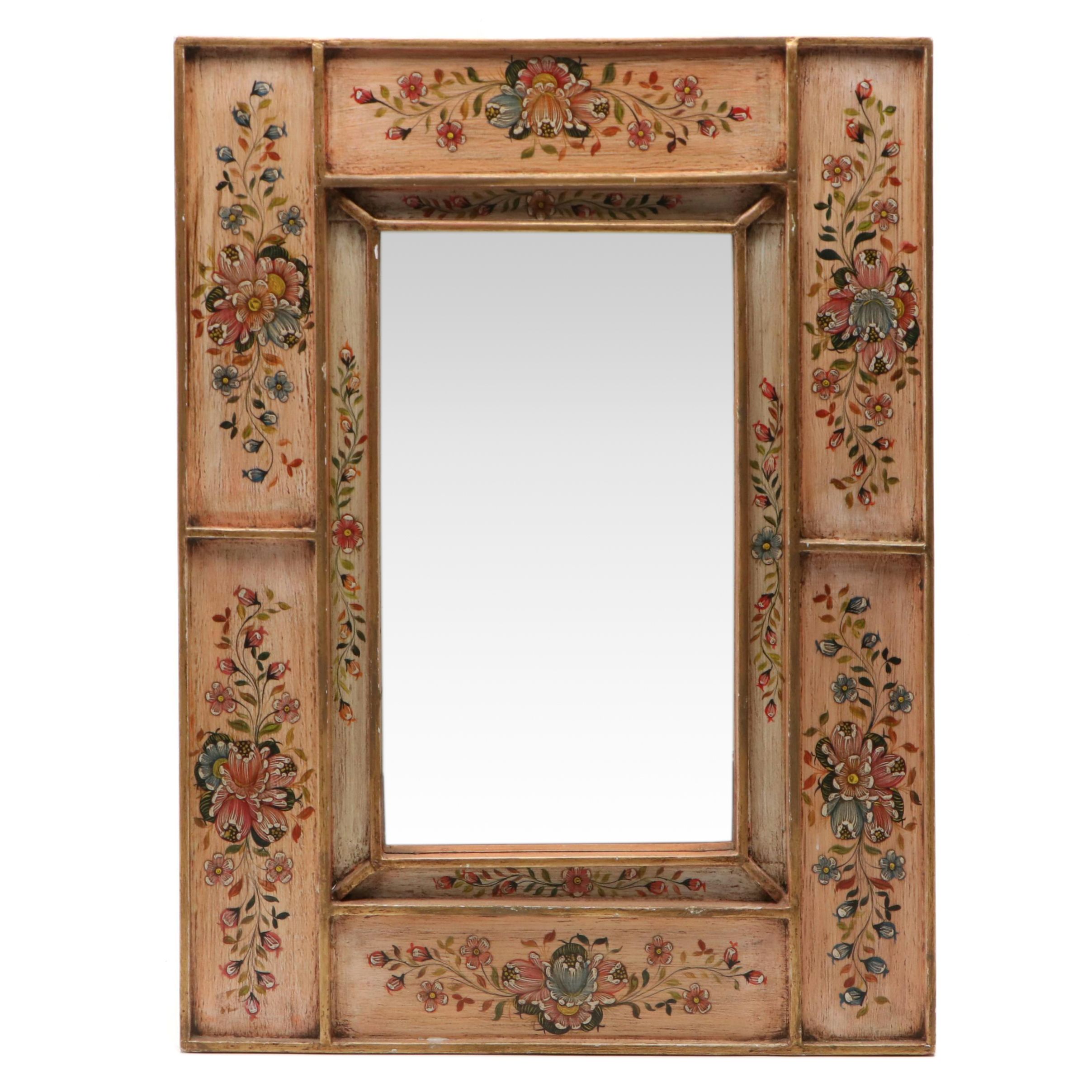 French Style Hand-Painted Floral Rectangular Mirror, Late 19th/Early 20th C.