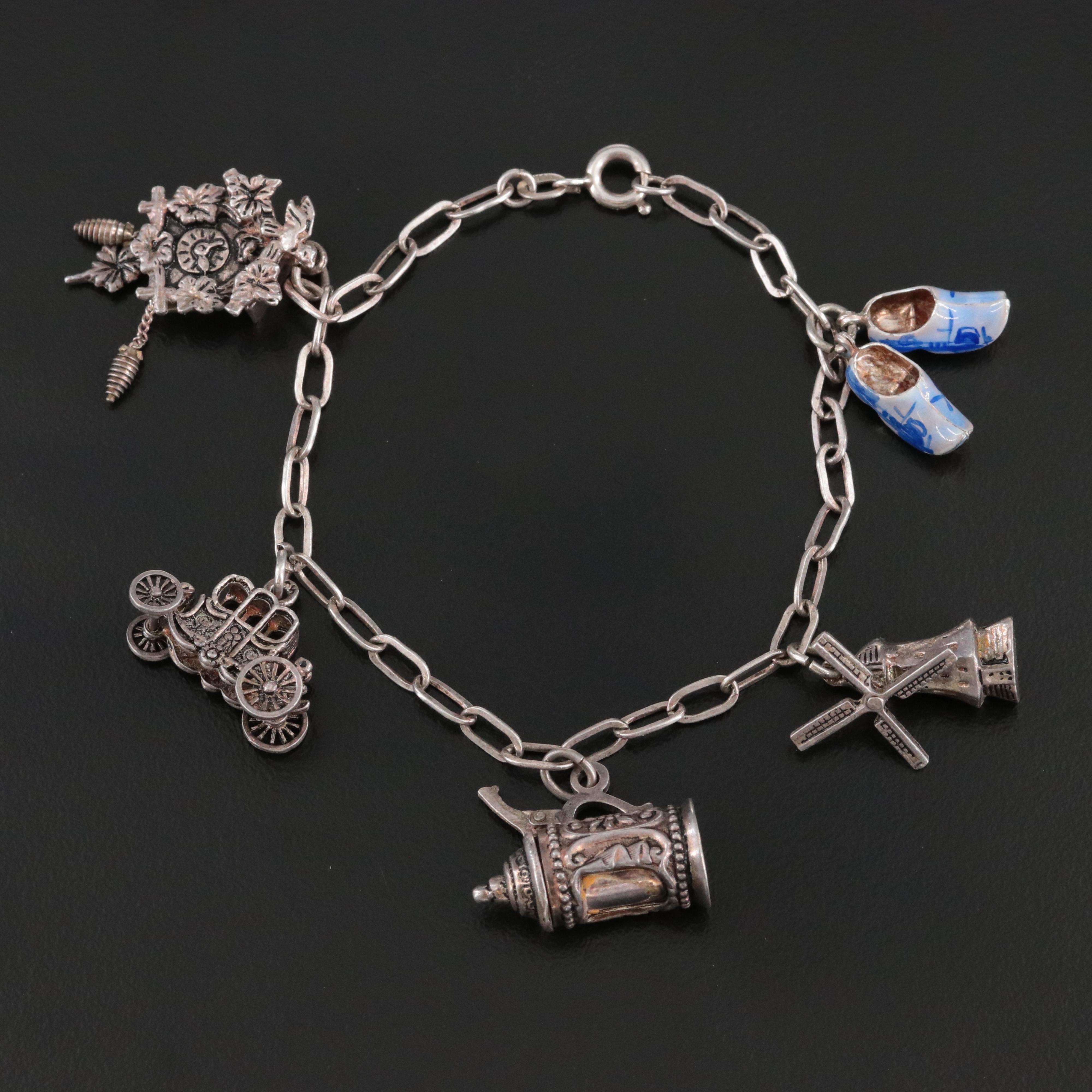 Vintage 835 Silver Charm Bracelet with 800 Silver and Enamel Travel Charms