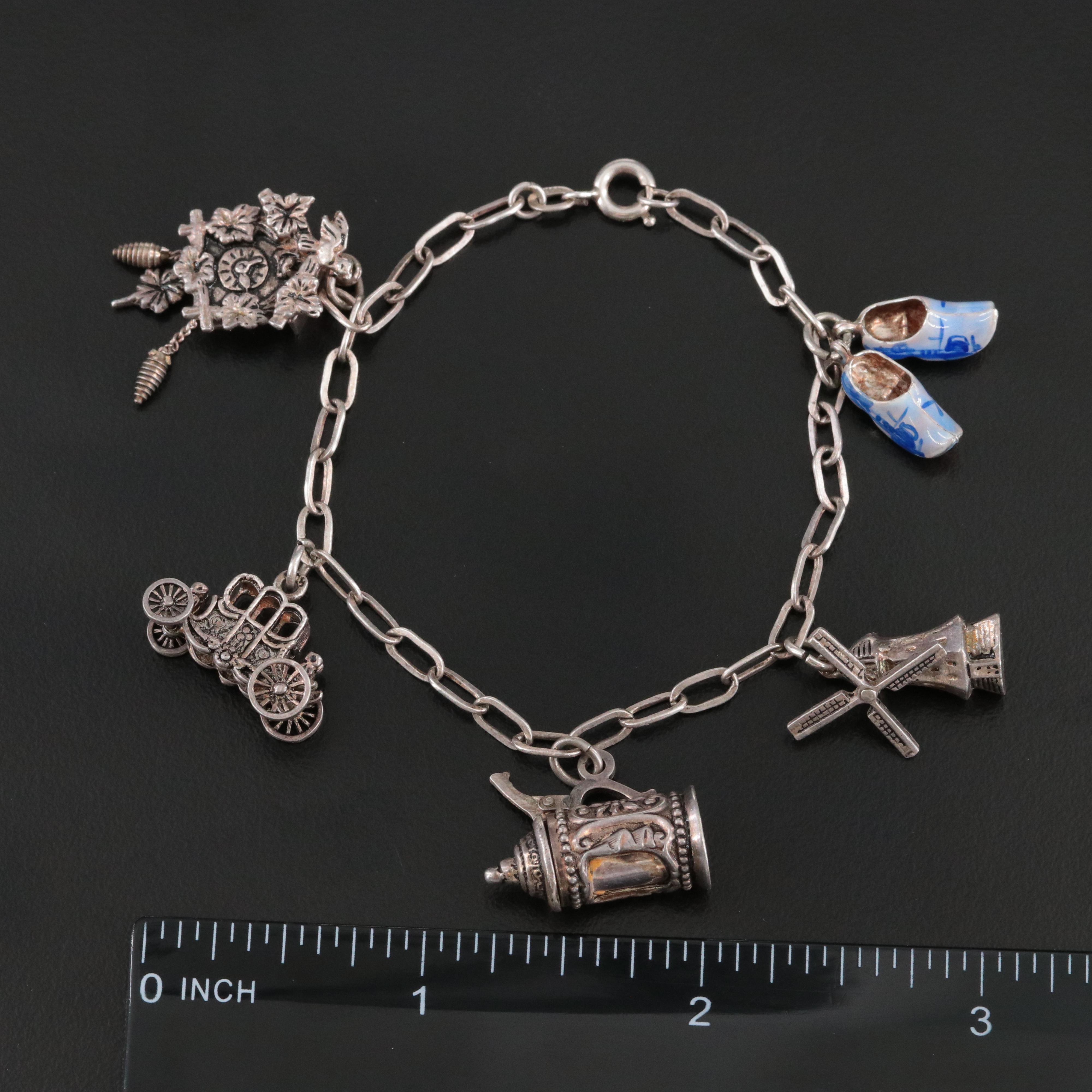 Vintage 835 Silver Charm Bracelet with 800 Silver and Enamel Travel Charms